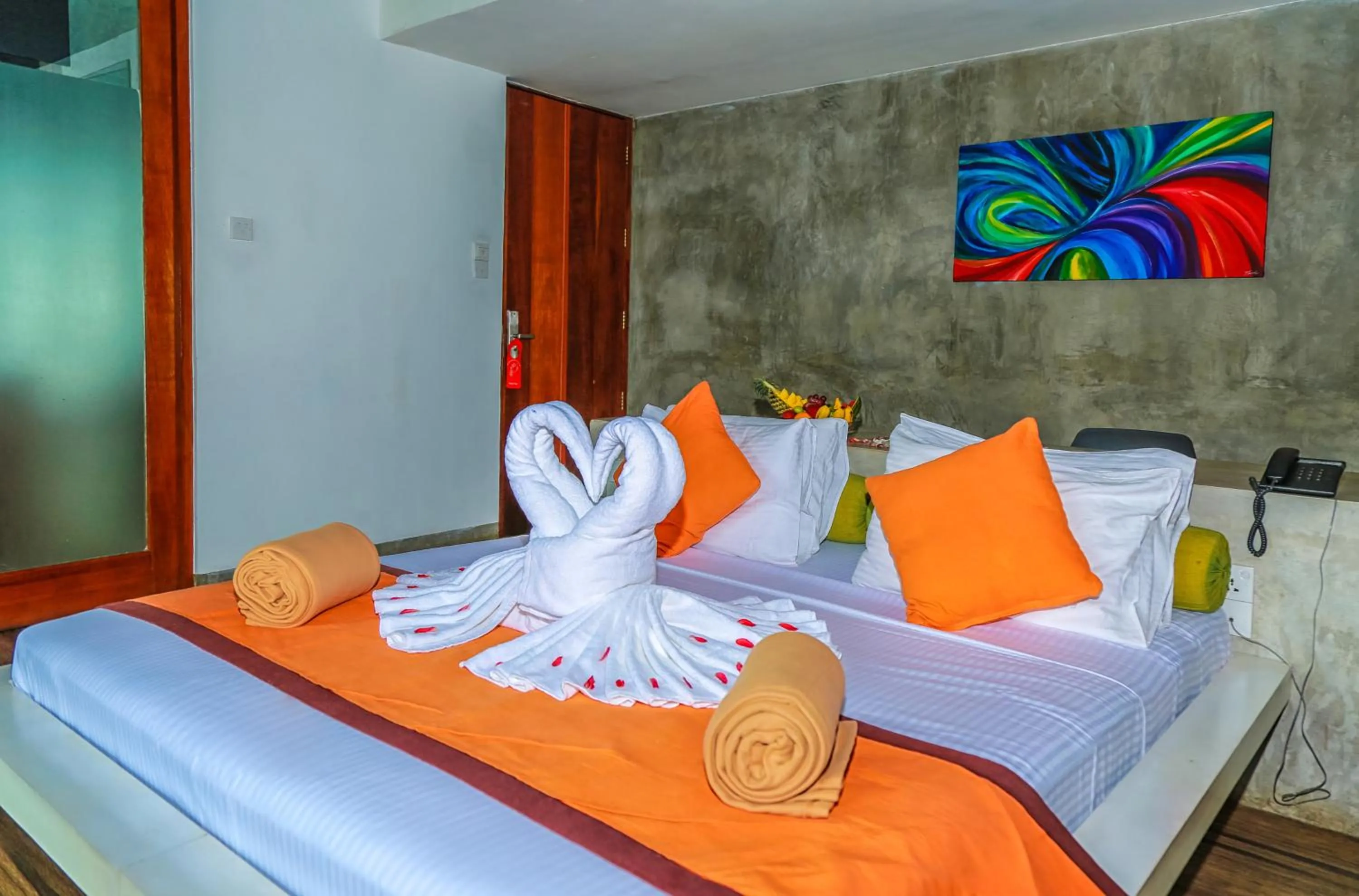 Bedroom, Bed in Oak Ray Tea Bush