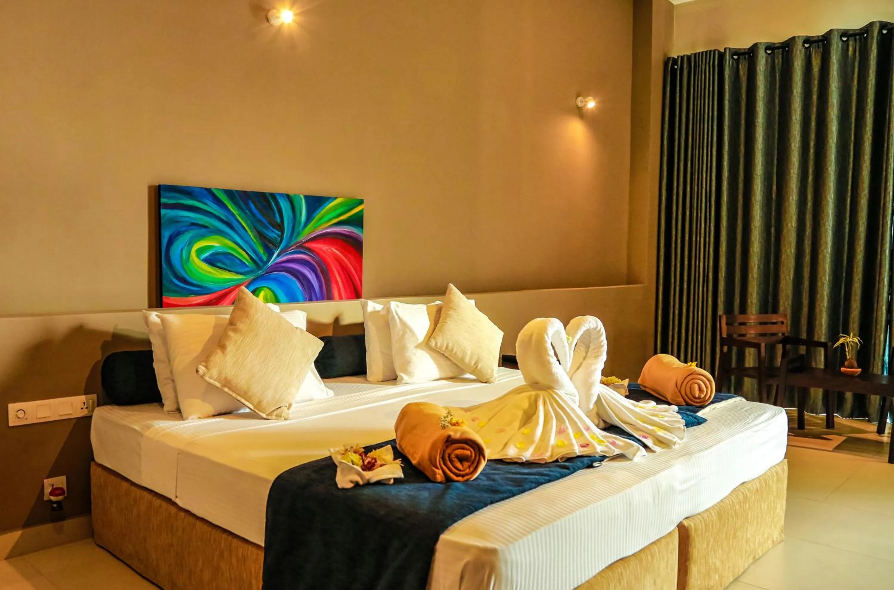 Bedroom, Bed in Oak Ray Tea Bush