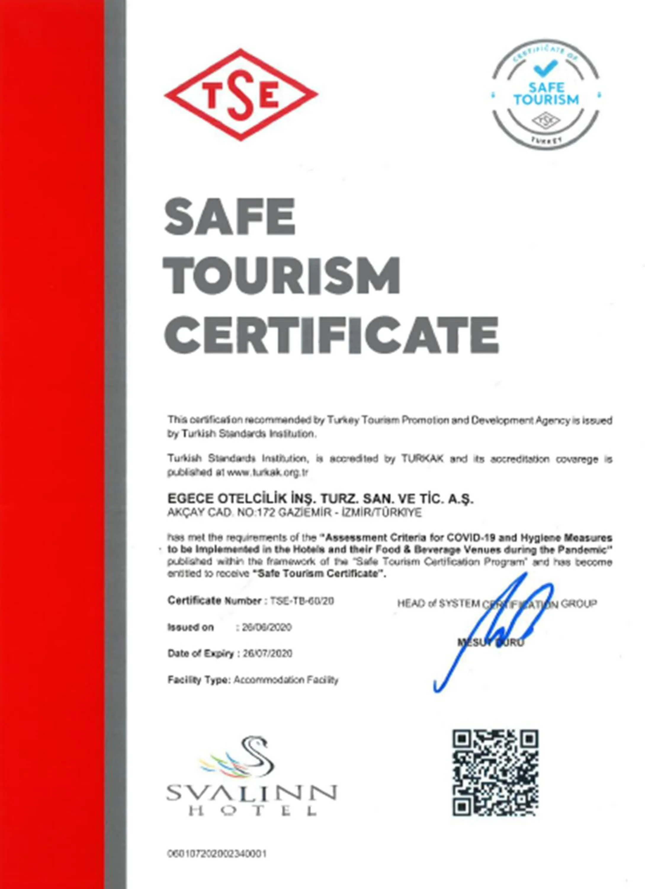 Certificate/Award in Svalinn Hotel