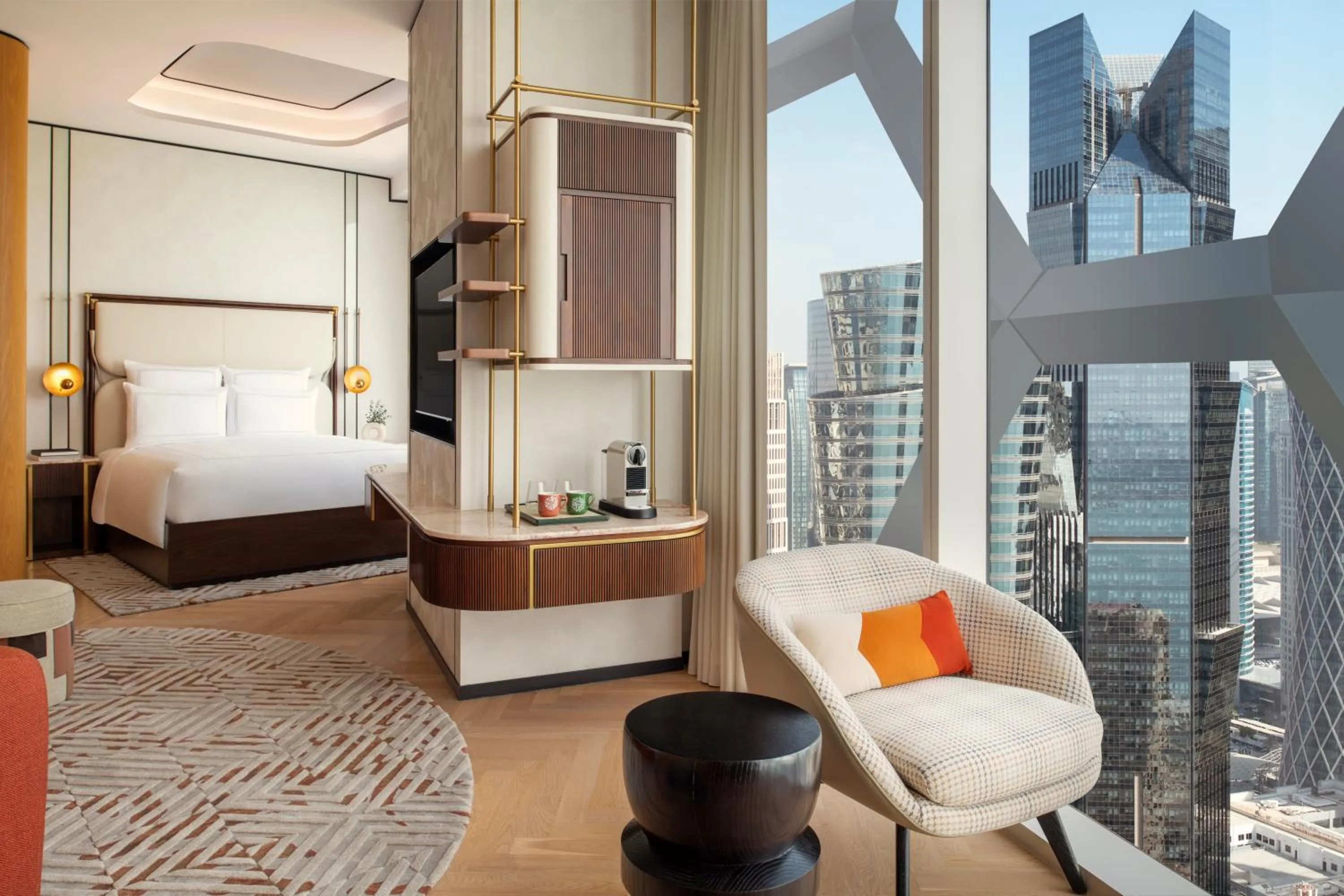 Living room, Bed in Swissôtel Corniche Park Towers Doha