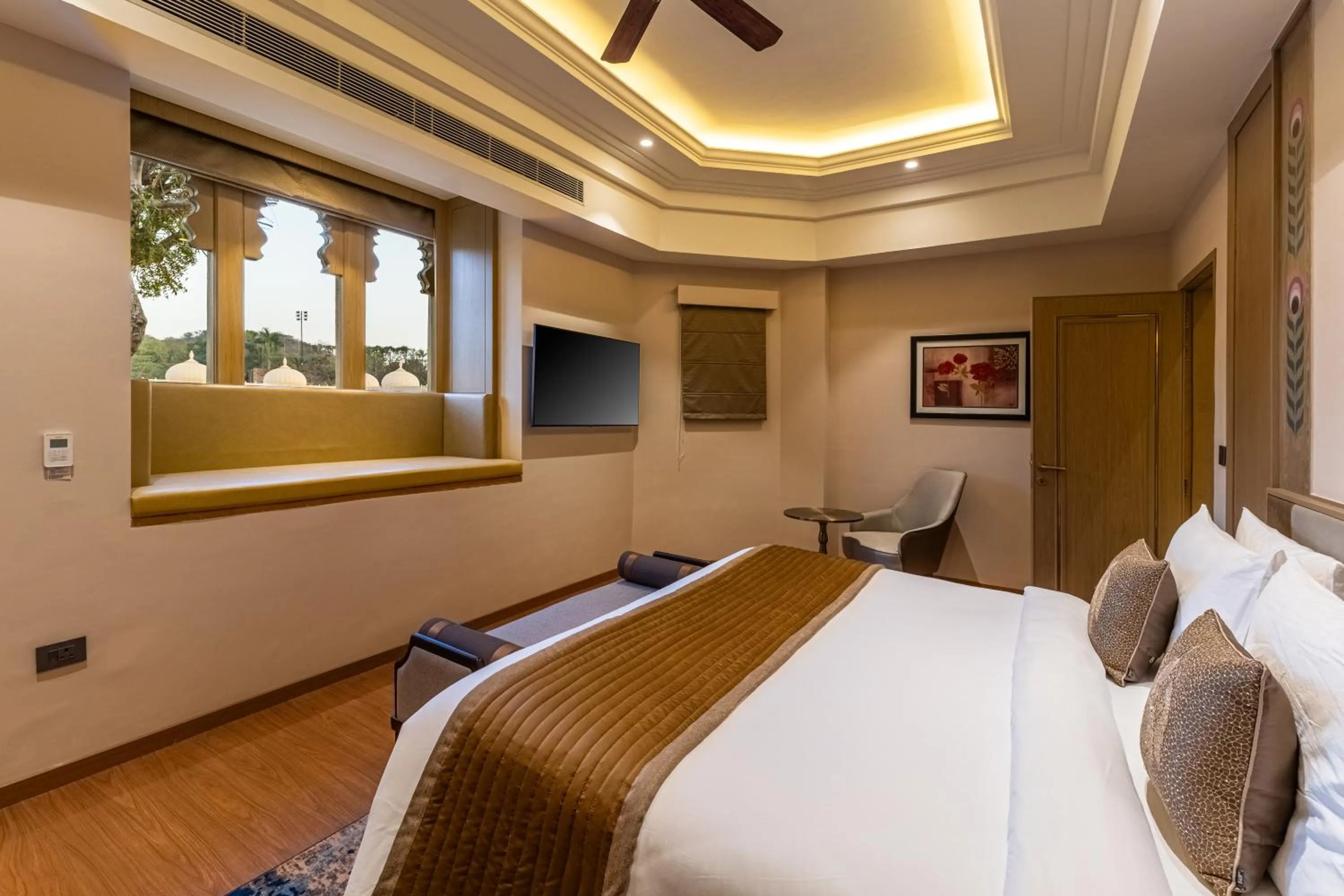 View (from property/room), Bed in Wyndham Grand Udaipur Fateh Sagar Lake - Pure Vegetarian Resort