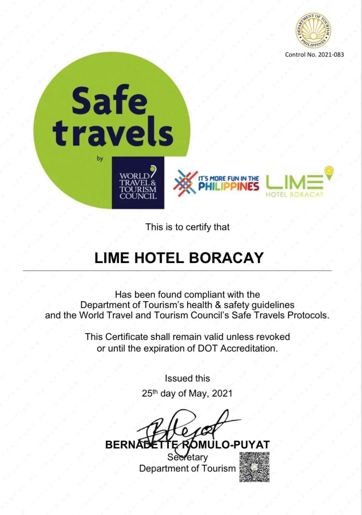 Certificate/Award in Lime Hotel Boracay