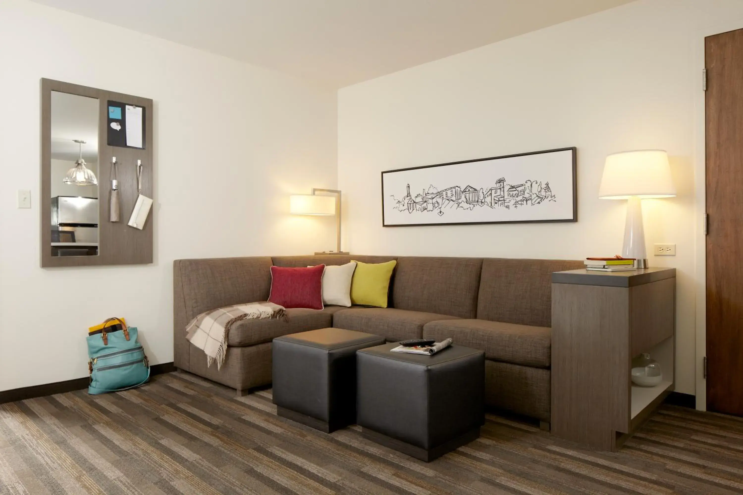 Queen Den with Two Queen Beds, Accessible Tub, and Sofa in Hyatt House Schenectady / Mohawk Harbor Queen Den with Two Queen Beds, Accessible Tub, and Sofa in Hyatt House Schenectady / Mohawk Harbor