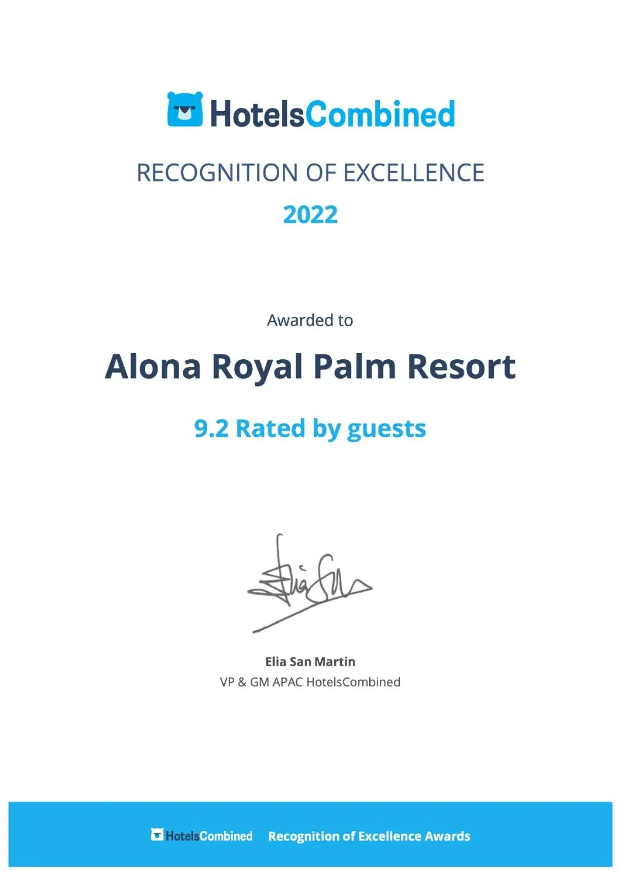 Certificate/Award in Alona Royal Palm Resort