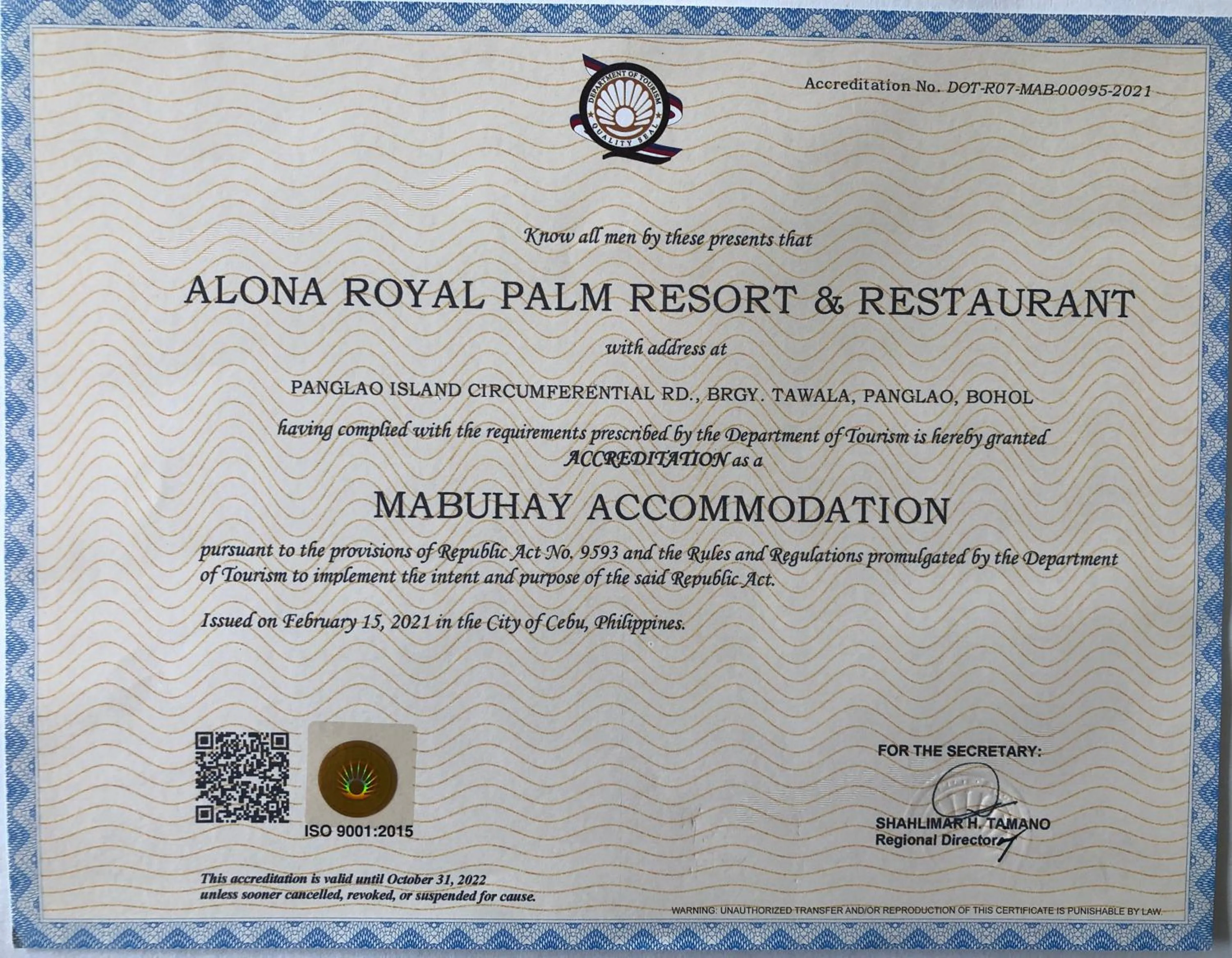 Certificate/Award in Alona Royal Palm Resort