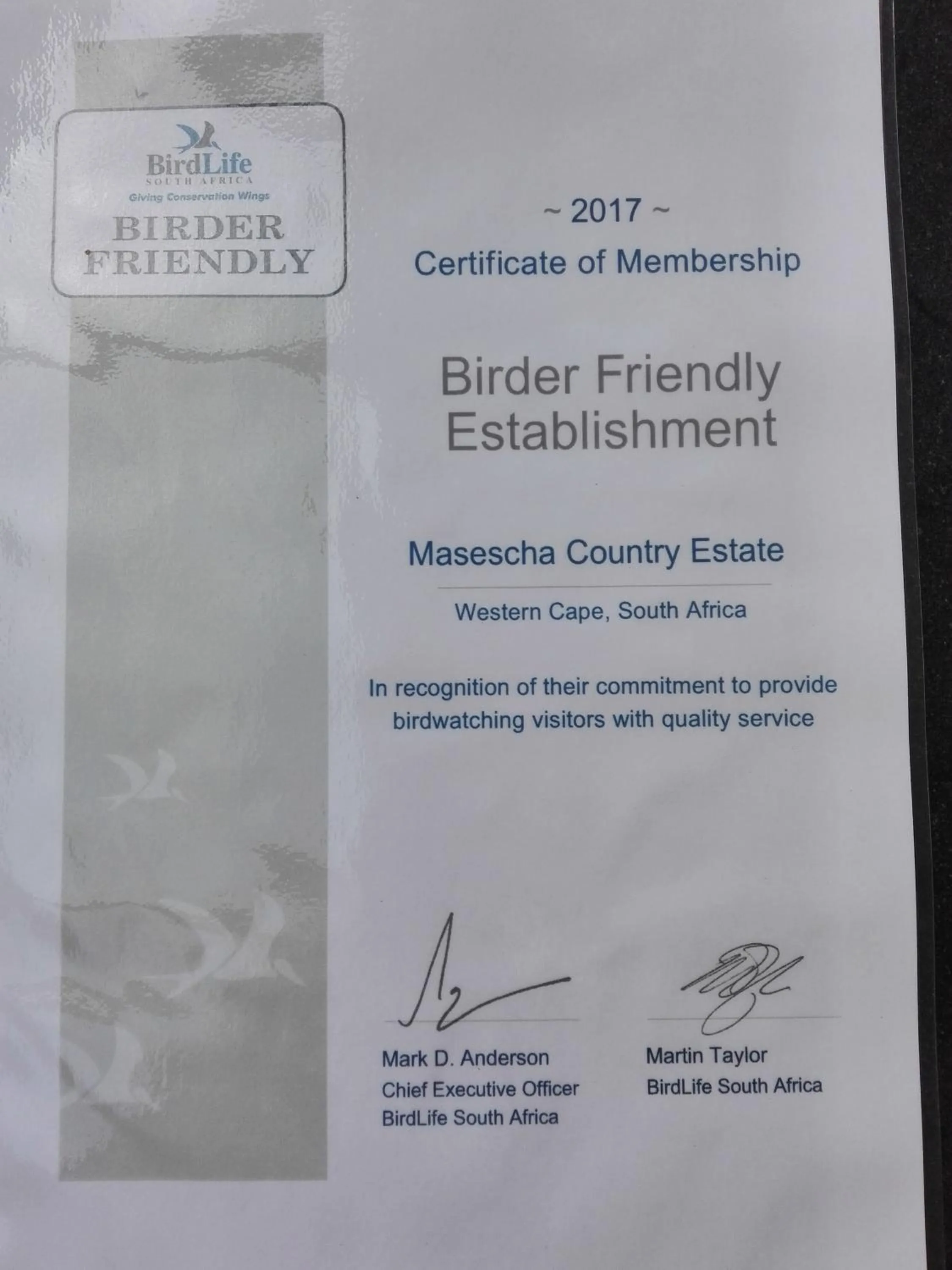 Certificate/Award in Masescha Country Estate