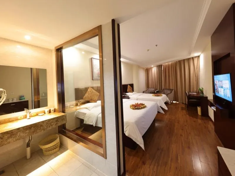 Bed in GreenTree Inn JiangSu HuaiAn University Town Science and Technology Avenue Business Hotel