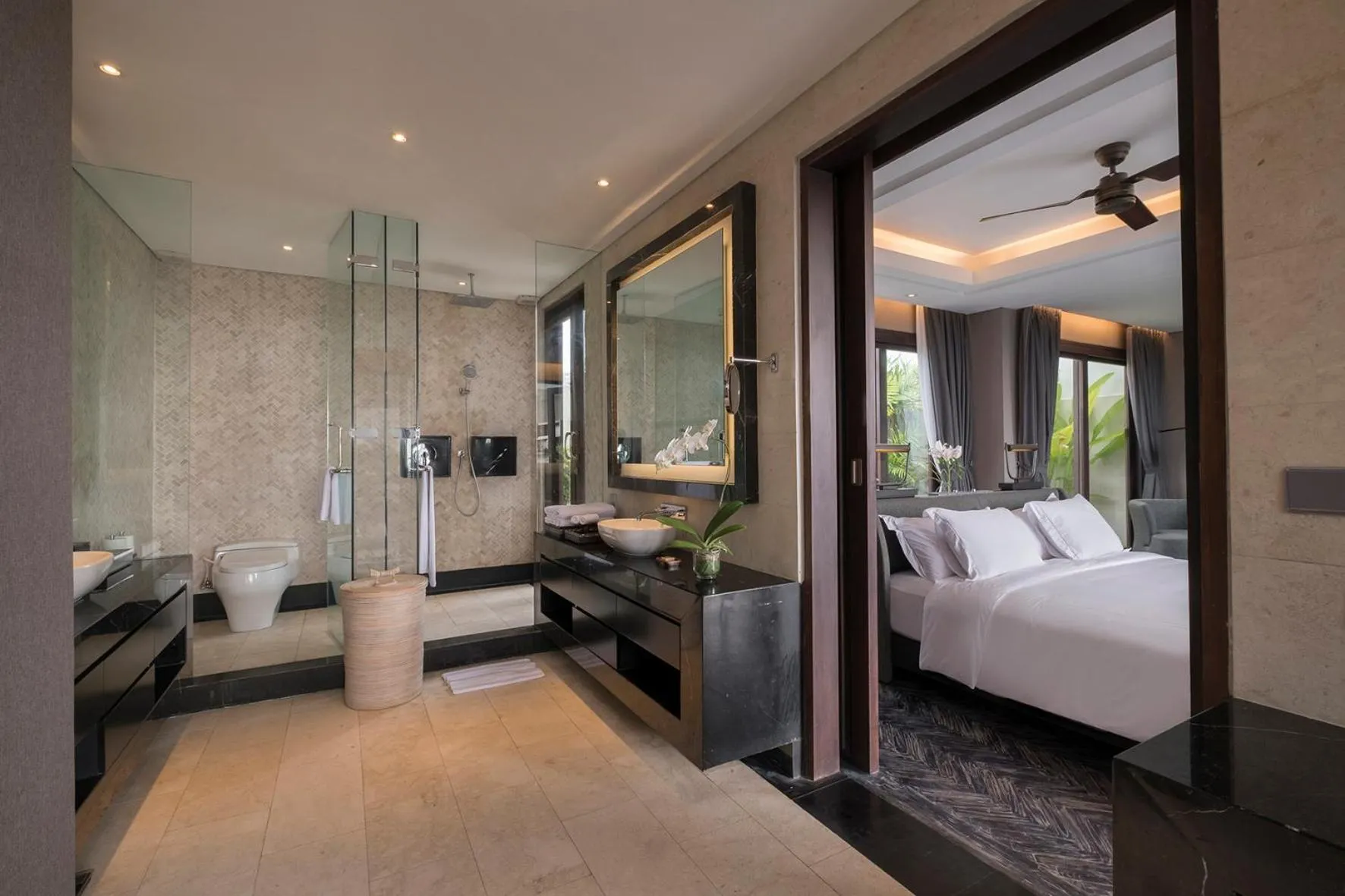 Shower, Bed in Prasana Villas by Arjani Resorts