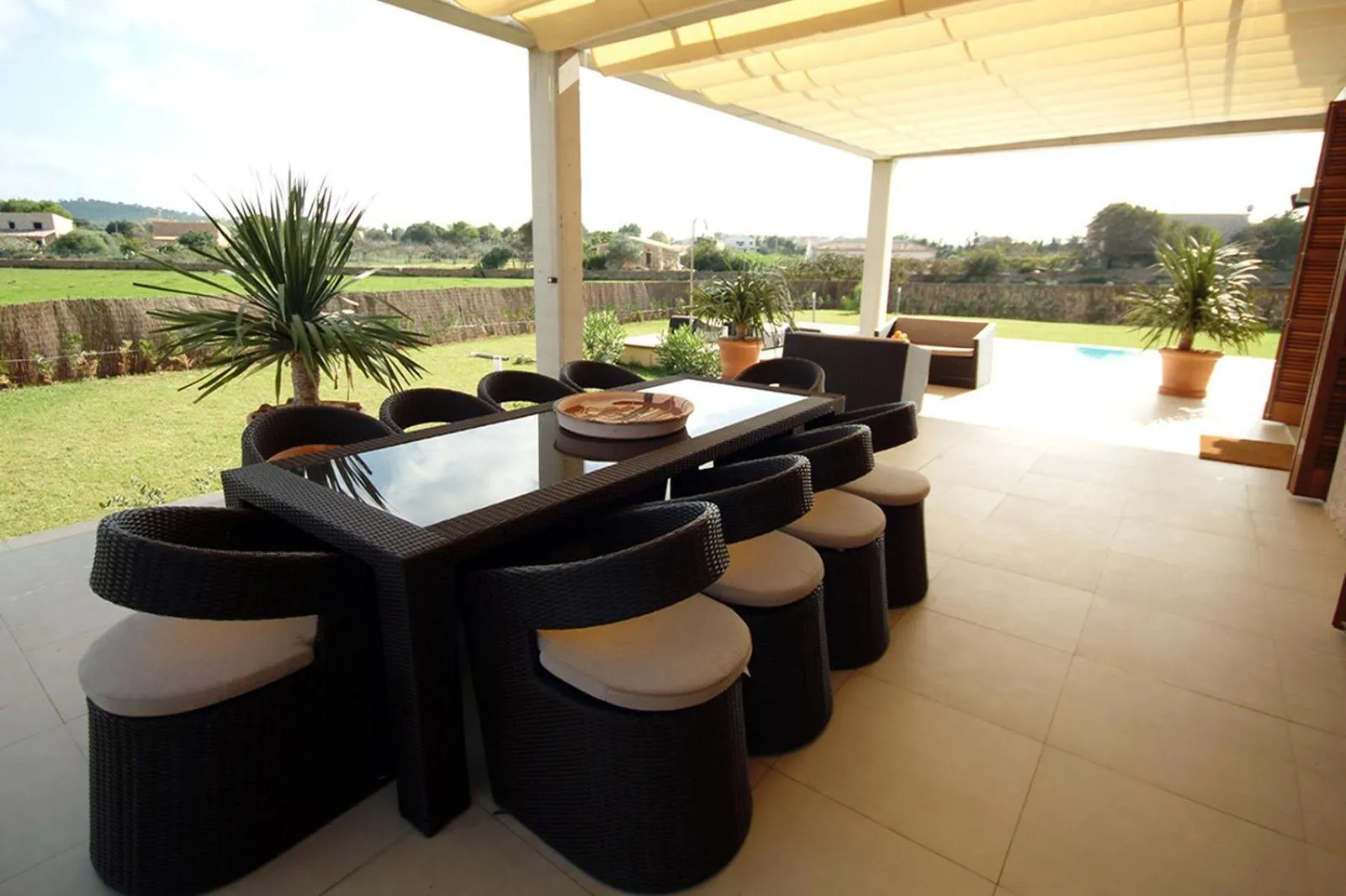 Patio in Villa Barcares Gran for 10, pool, gym and close to beach