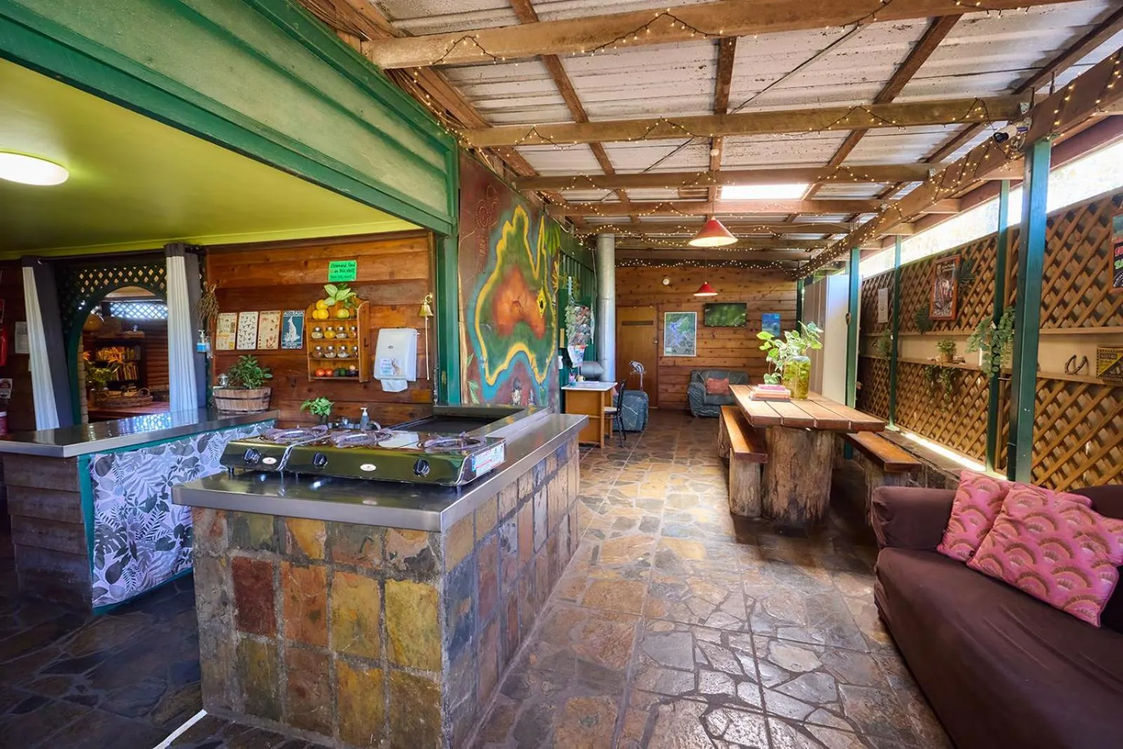 Communal kitchen in On The Wallaby Eco Lodge