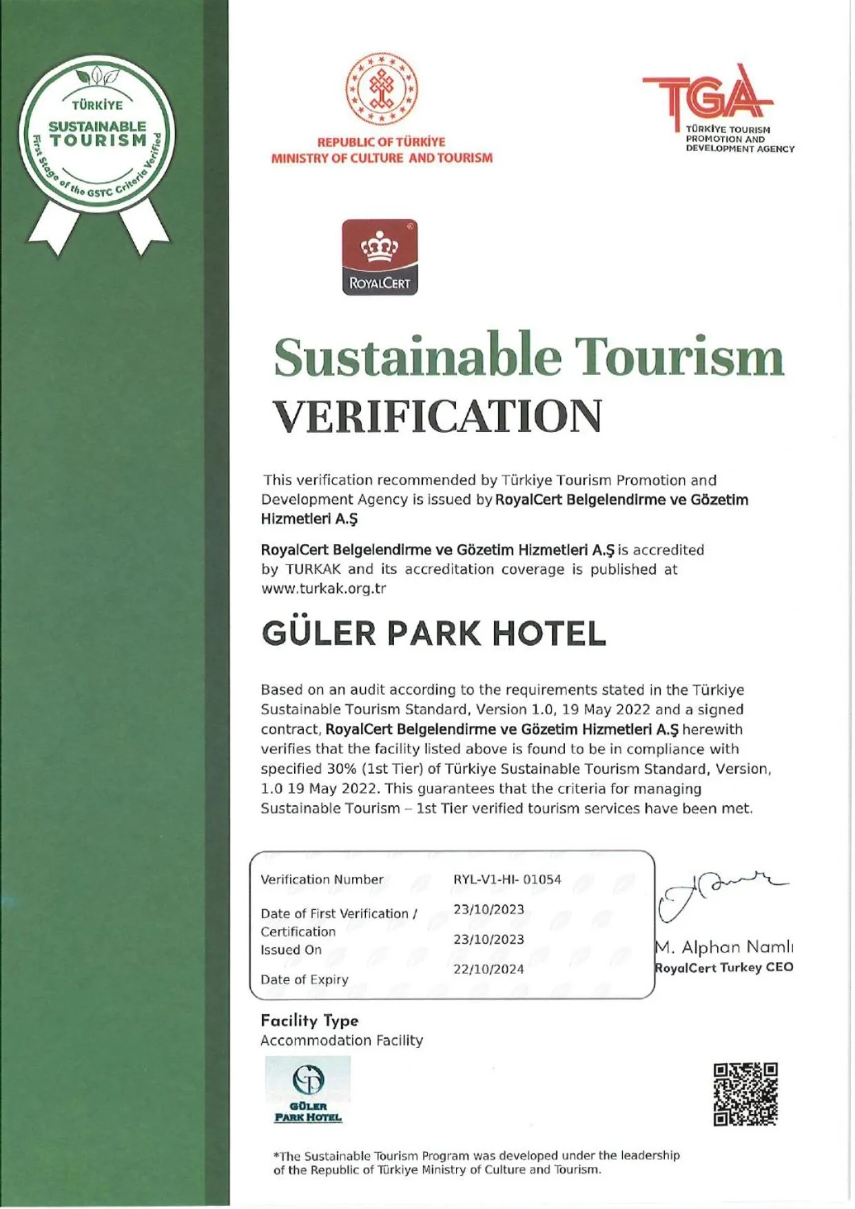 Certificate/Award in Görükle Güler Park Hotel