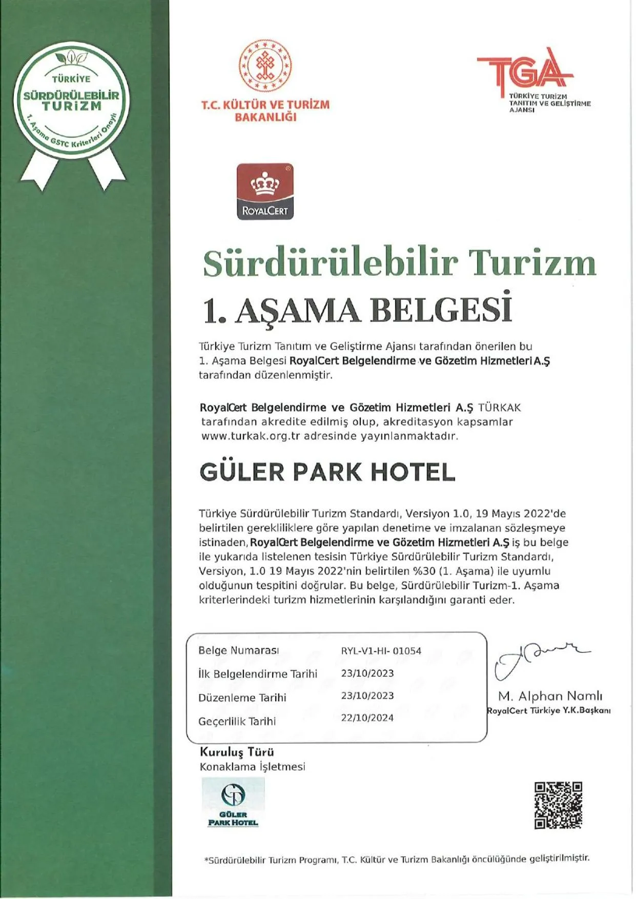 Certificate/Award in Görükle Güler Park Hotel