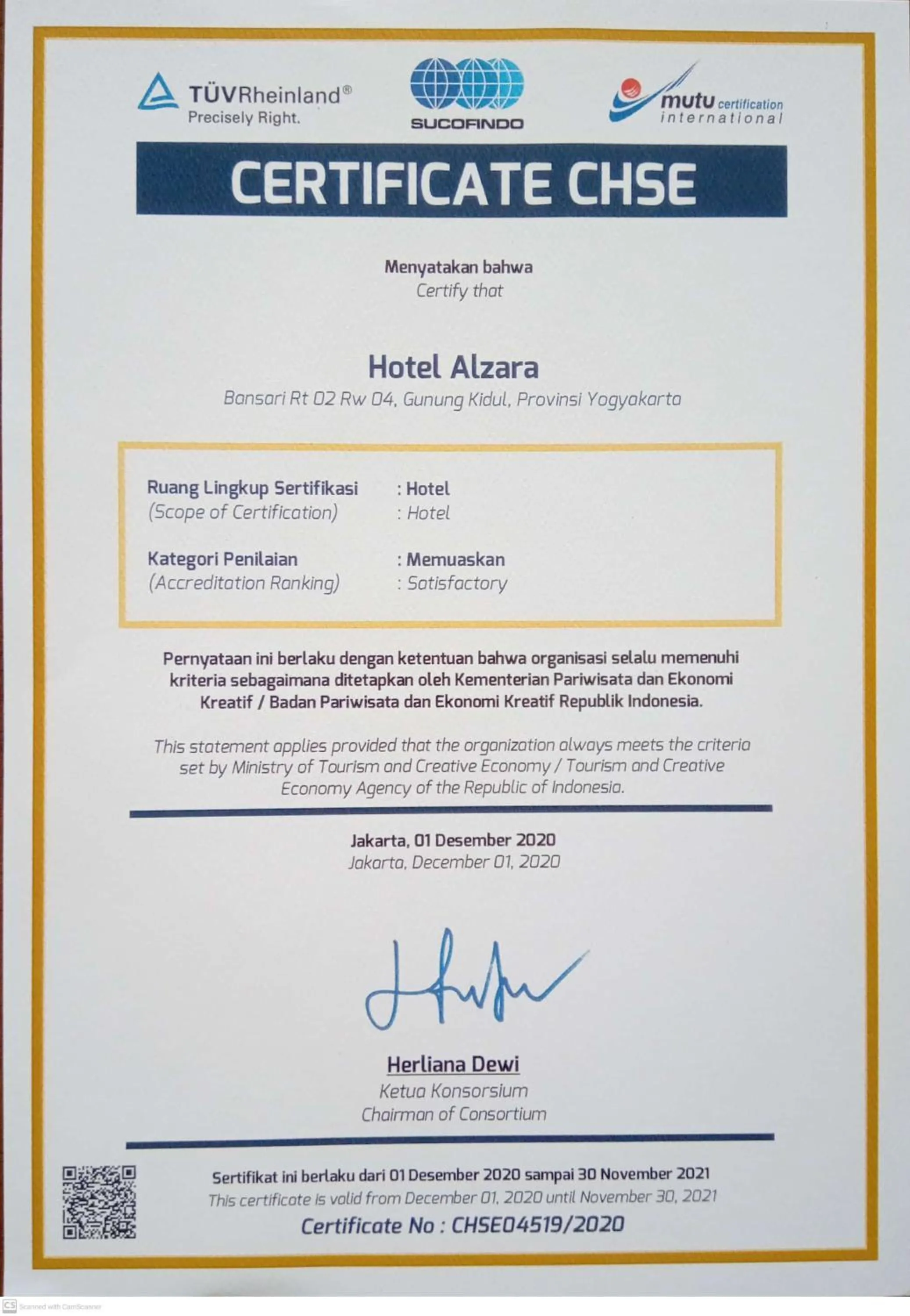 Certificate/Award in Alzara Hotel Syariah