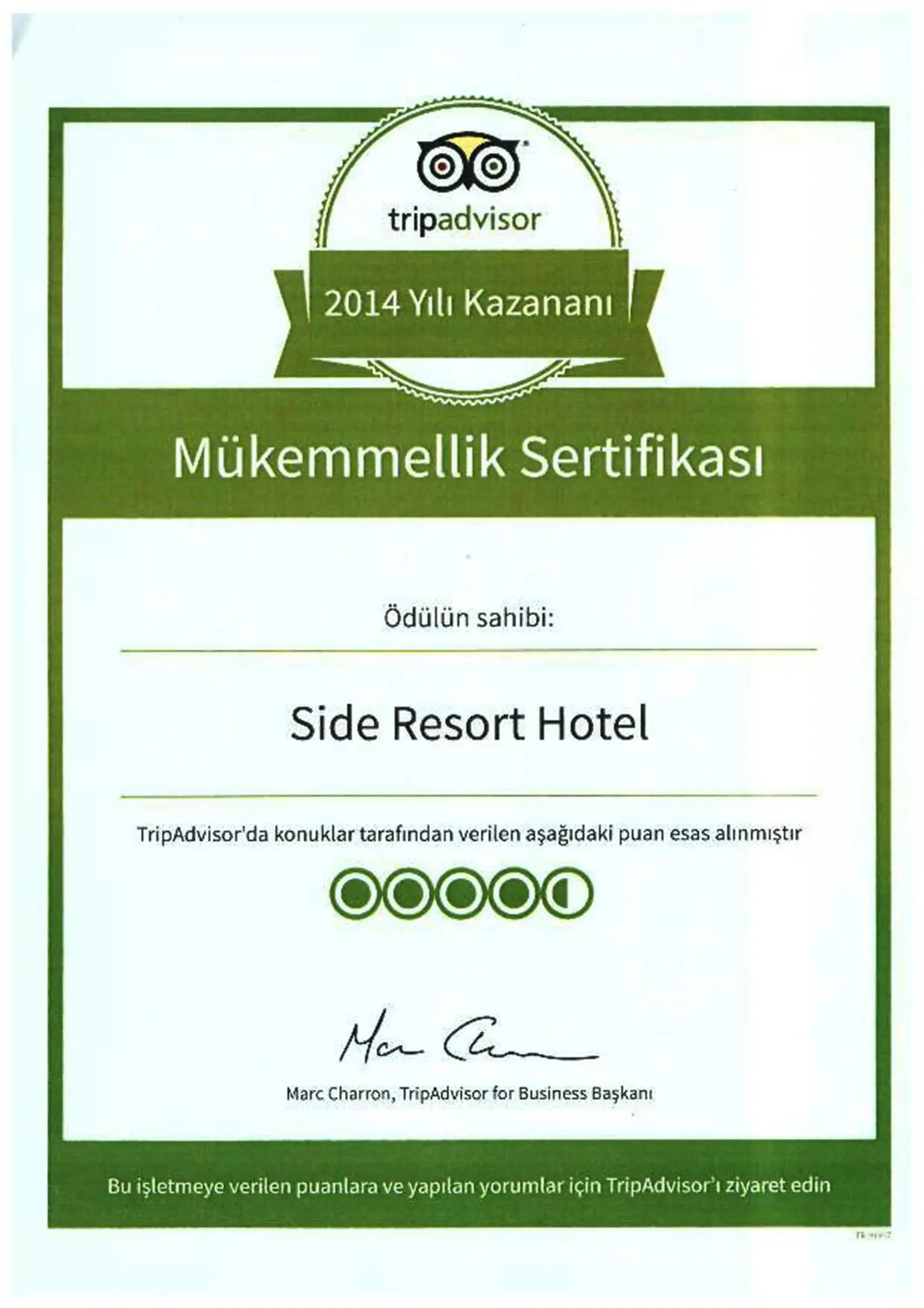 Certificate/Award in Side Resort Hotel
