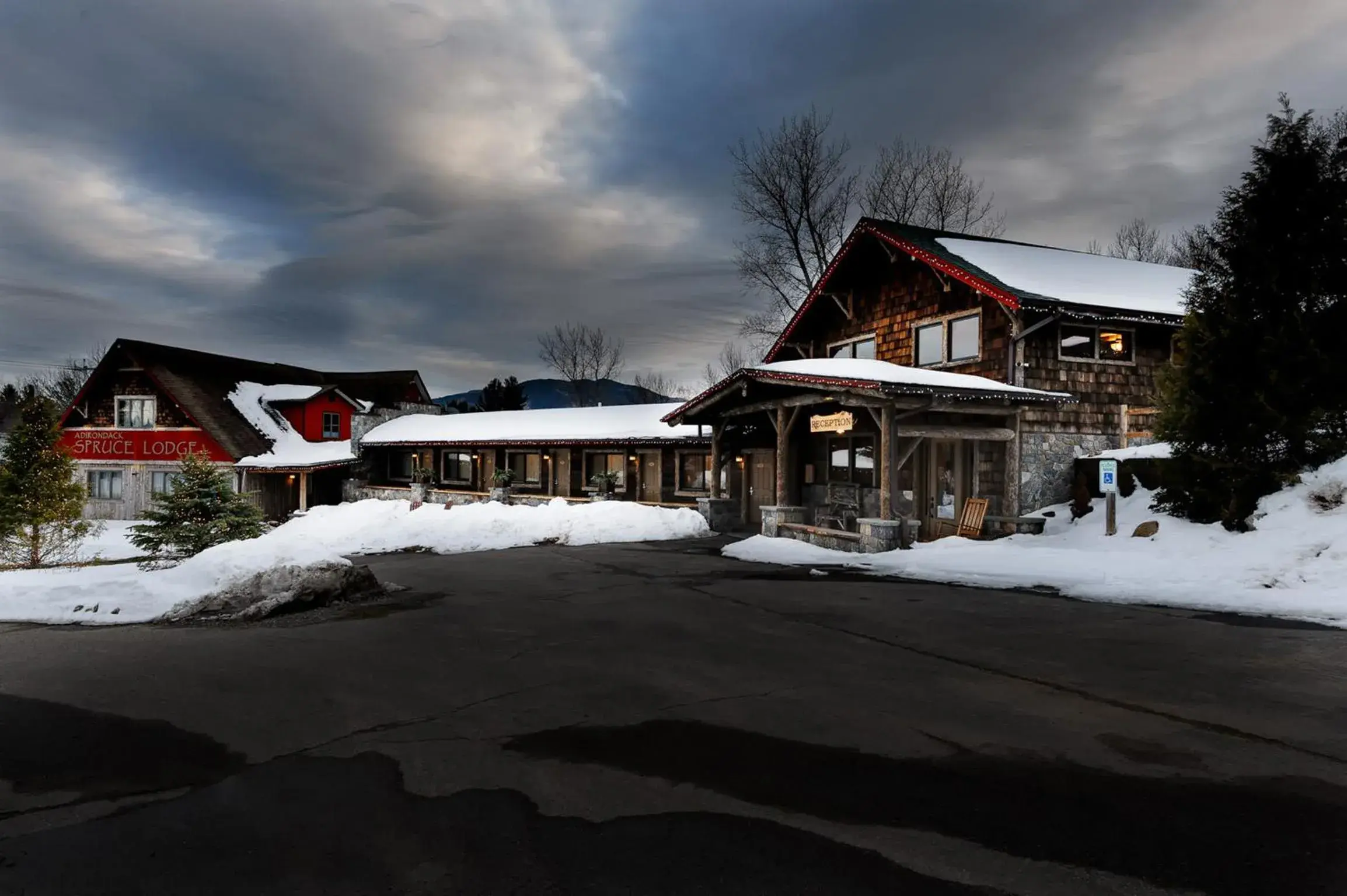 Facade/entrance, Winter in Adirondack Spruce Lodge