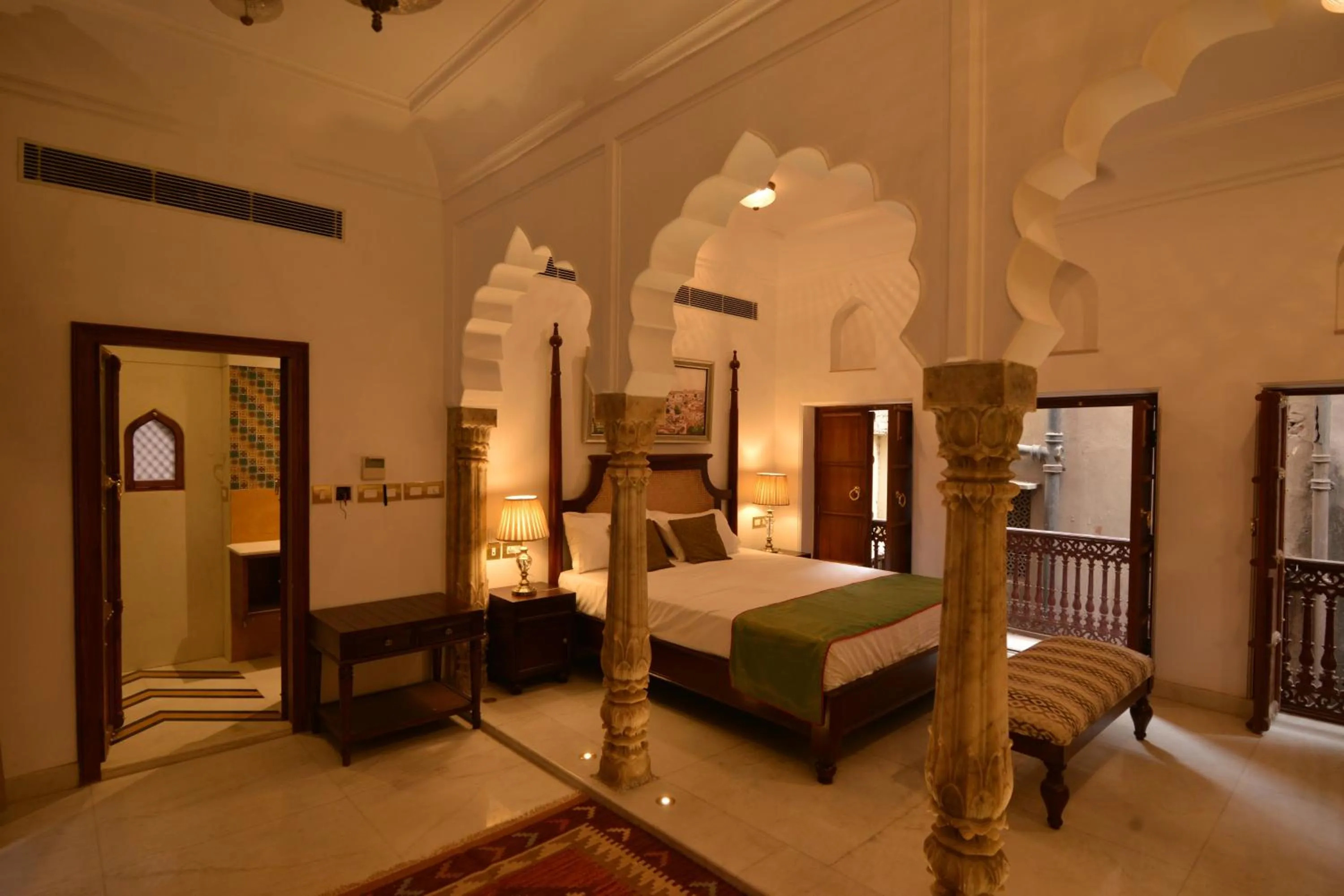 Photo of the whole room, Bed in Haveli Dharampura & Golden Haveli- UNESCO awarded Boutique Heritage Hotel