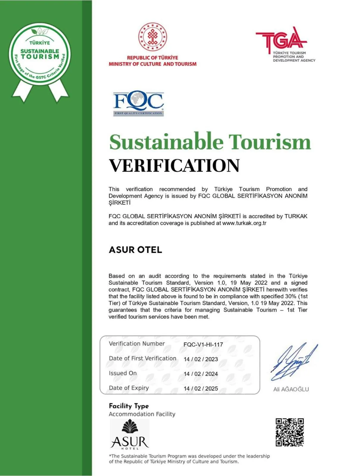Certificate/Award in Asur Hotel