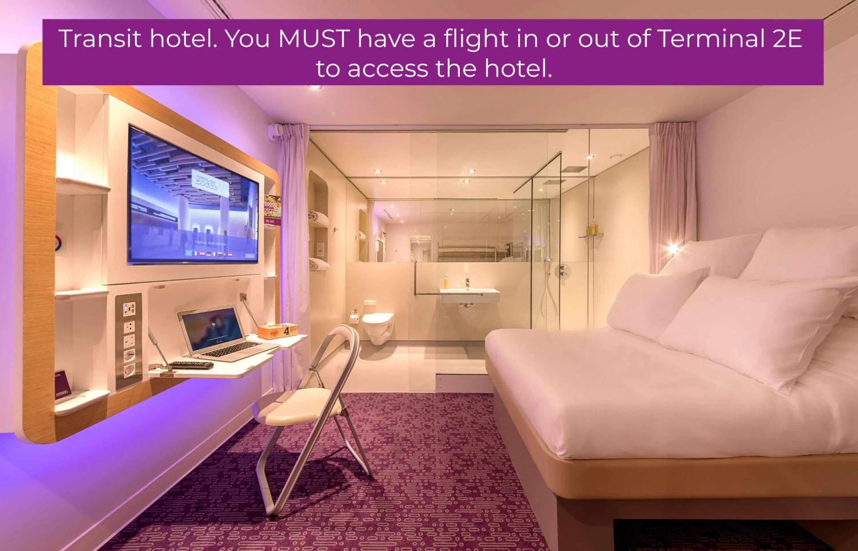 Bathroom, Bed in YOTELAIR Paris CDG - Transit Hotel - Terminal 2E