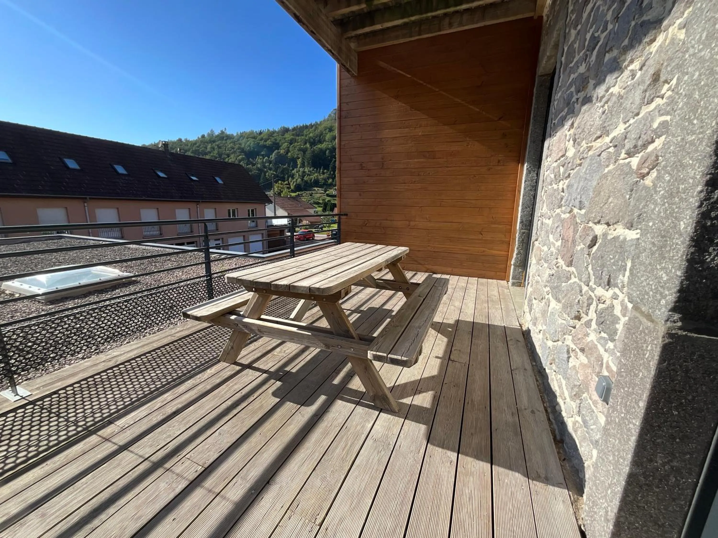 Balcony/Terrace in Gite Roche Des Ducs avec Piscine toute l'année, Spa, Sauna, Hammam