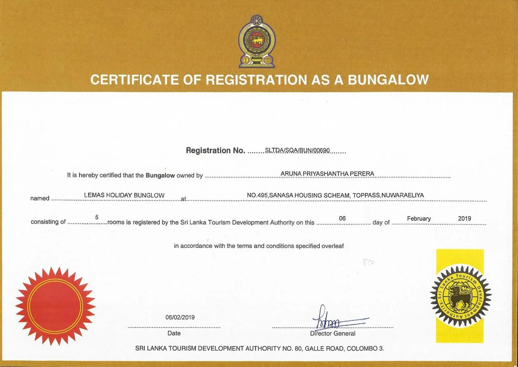 Logo/Certificate/Sign in Lemas Holiday Bungalow