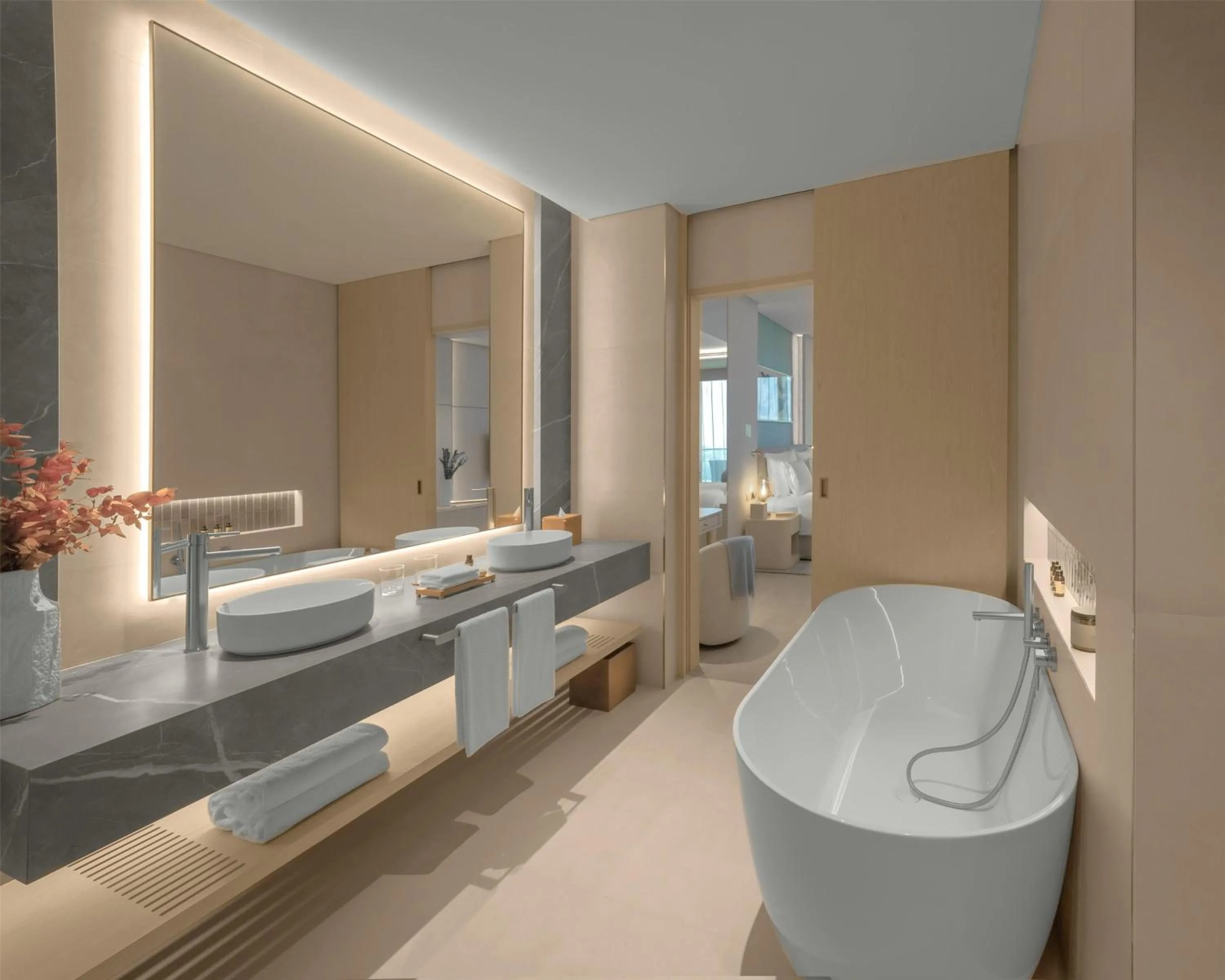 Bathroom, Bed in The Meydan Hotel Dubai