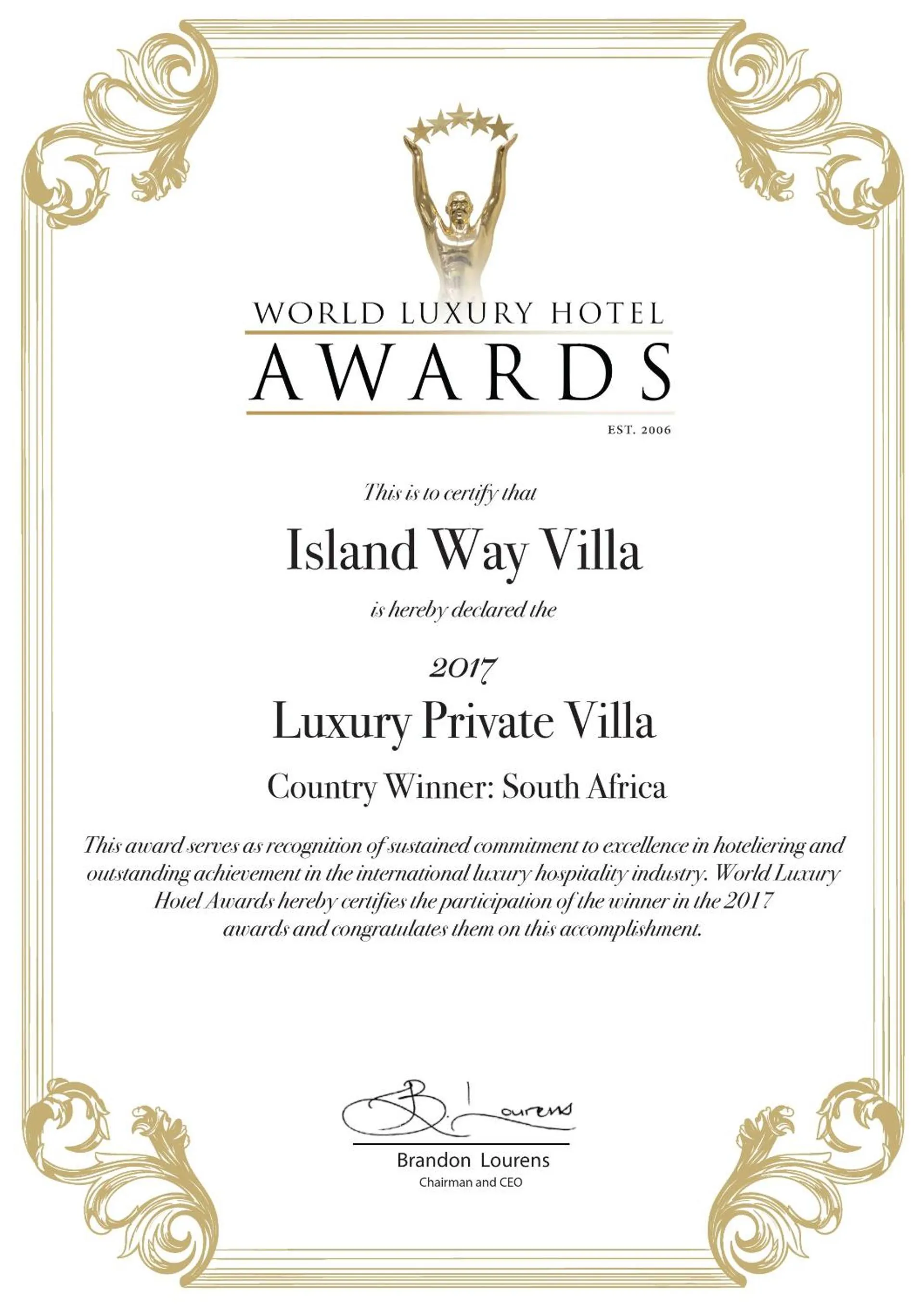 Certificate/Award in Island Way Villa