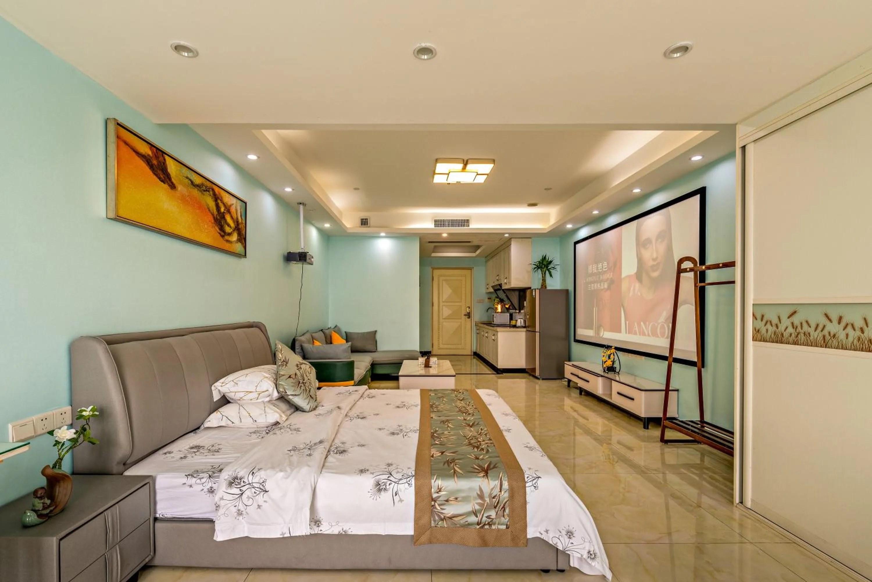 Bed in Guangzhou Manhattan International Apartment Zhengjia Free bus services are provided for the first and second phases