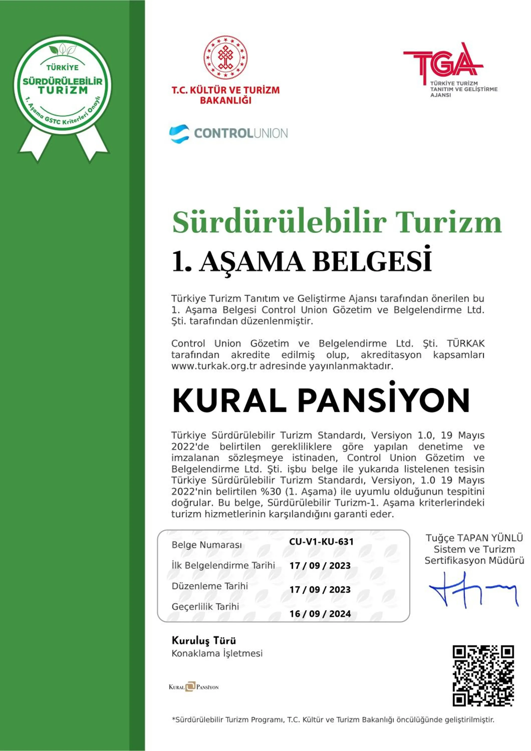 Certificate/Award in Kural Pansiyon