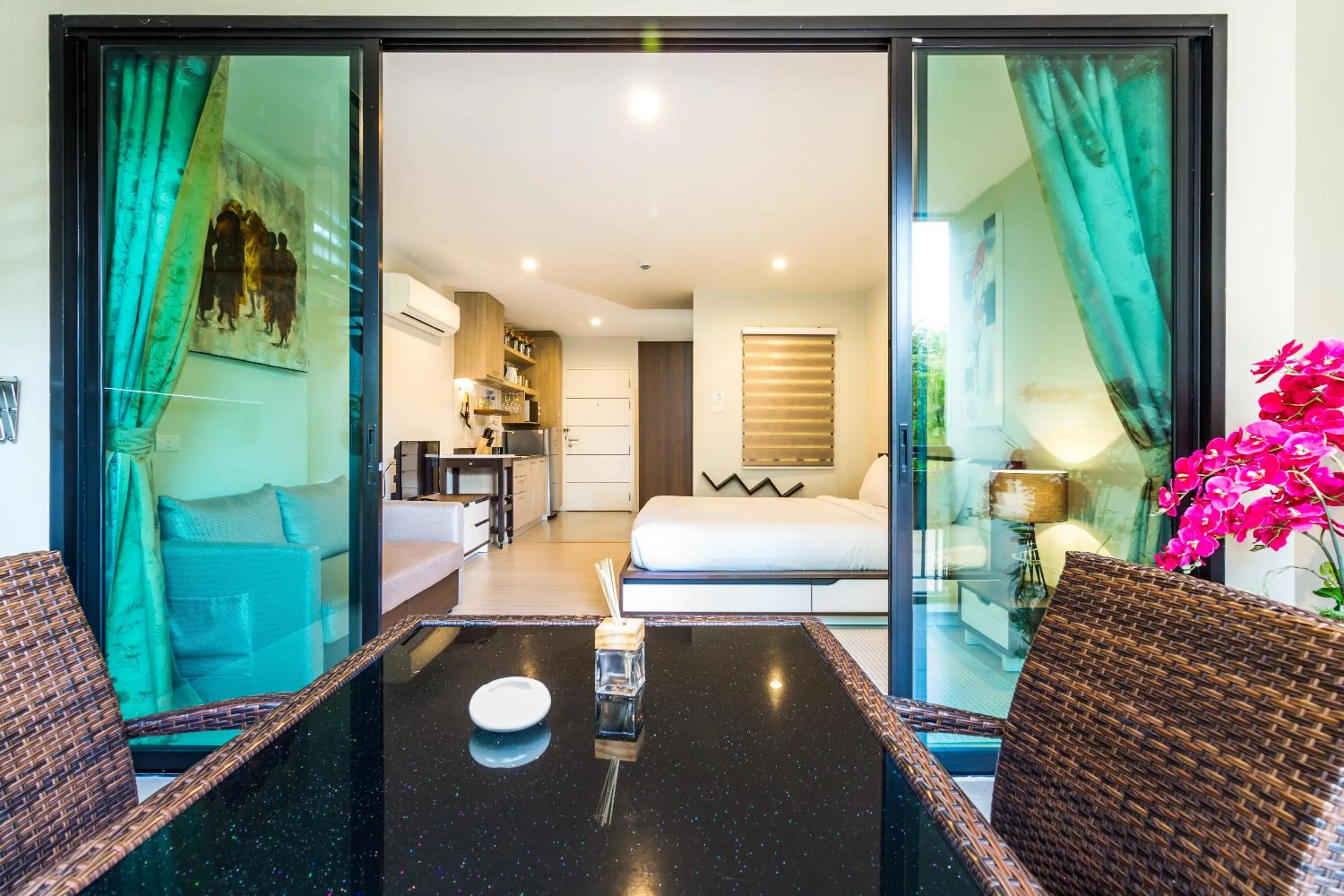 Patio, Bed in Apartments at The Bliss Condo by Lofty
