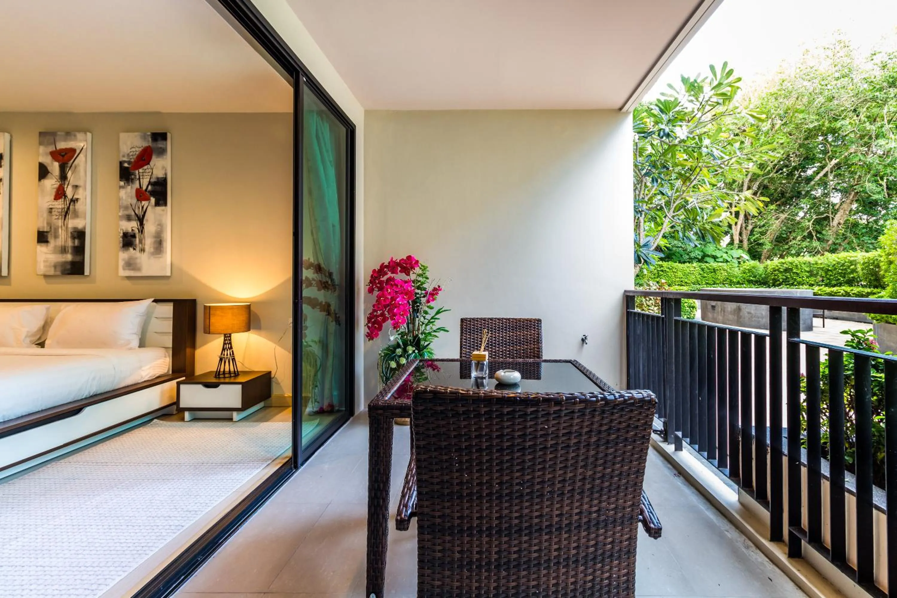 Patio, Bed in Apartments at The Bliss Condo by Lofty