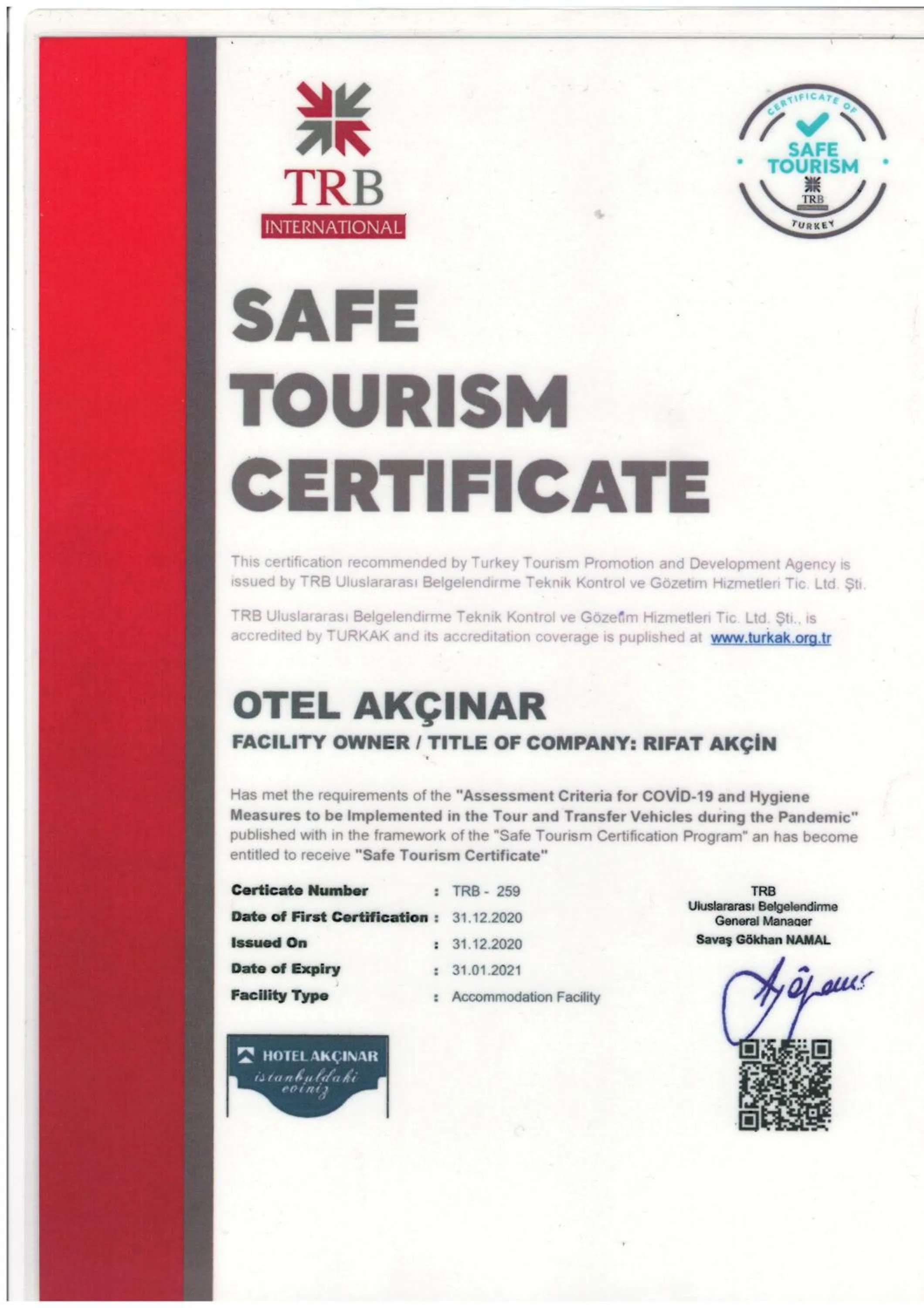 Certificate/Award in Hotel Akcinar