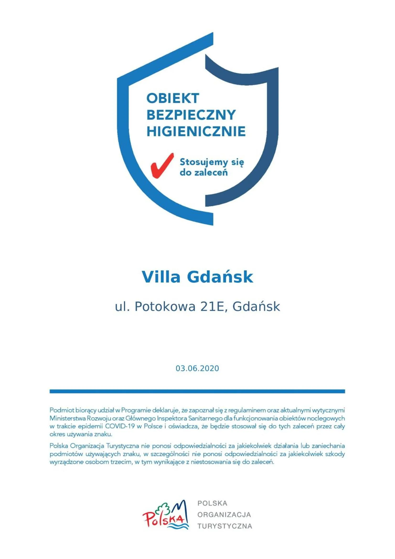 Certificate/Award in Villa Gdańsk