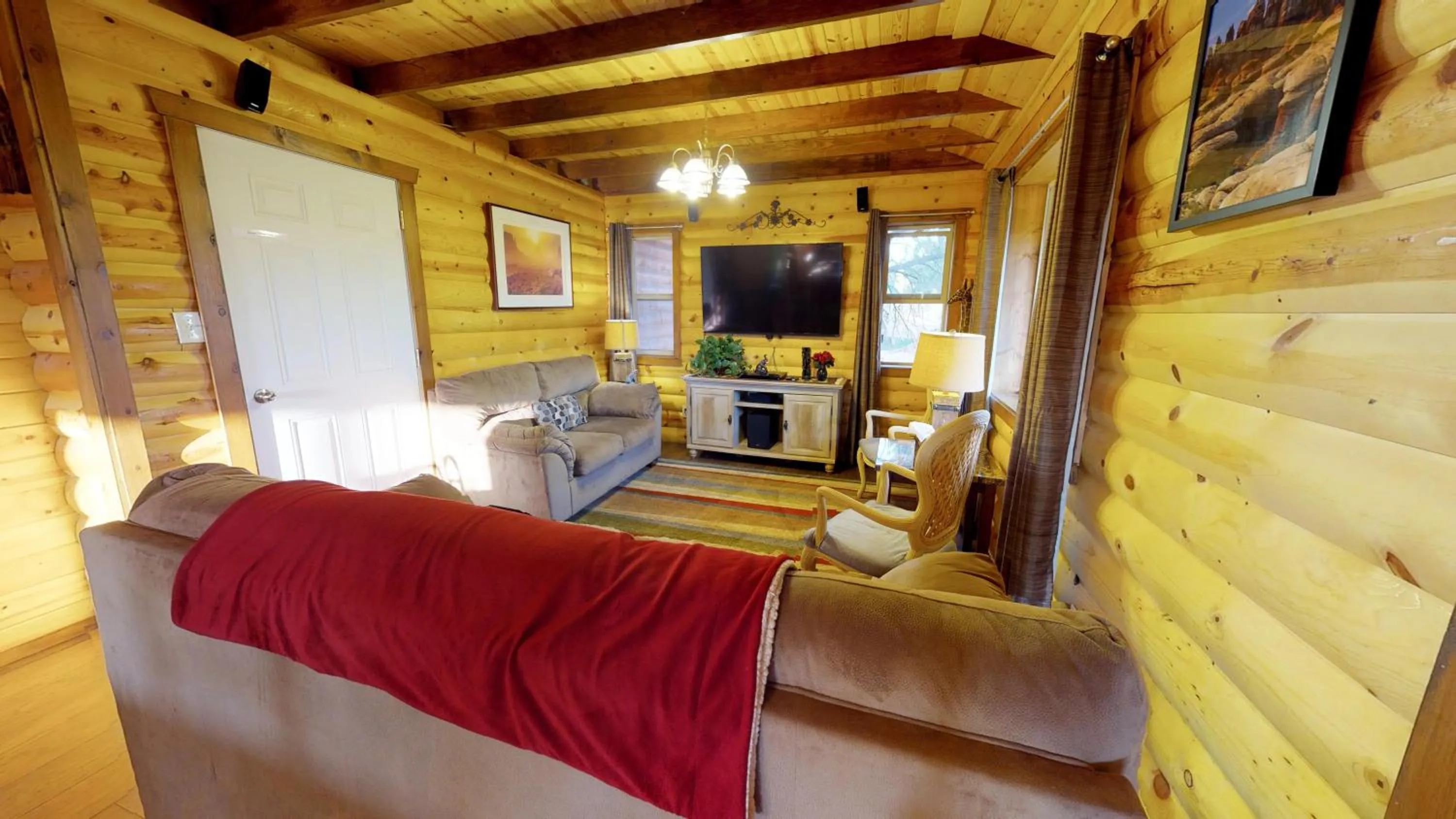 Living room in Long View Cabin, Breakfast Deck overlooking the Canyon!