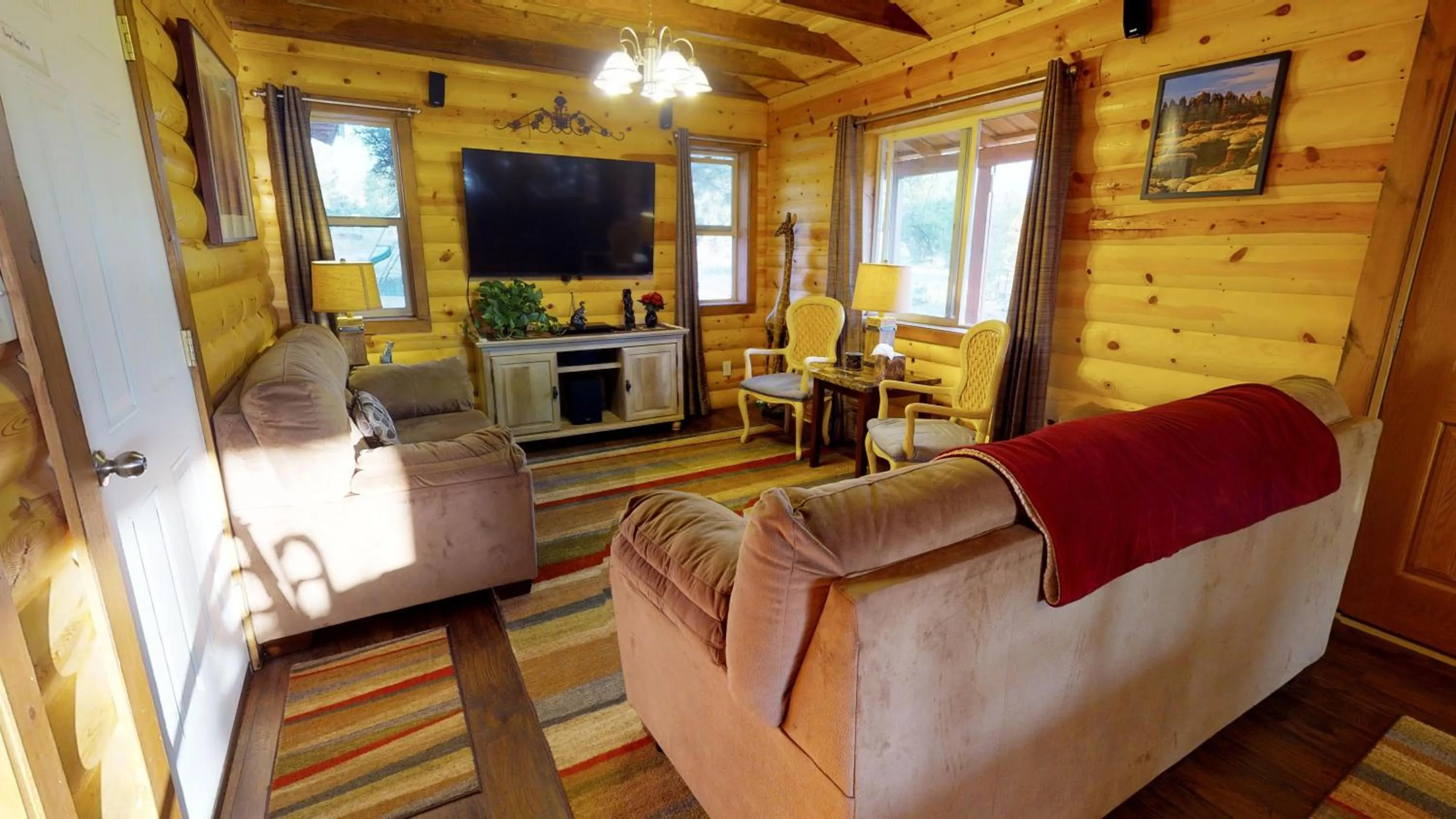 Living room in Long View Cabin, Breakfast Deck overlooking the Canyon!