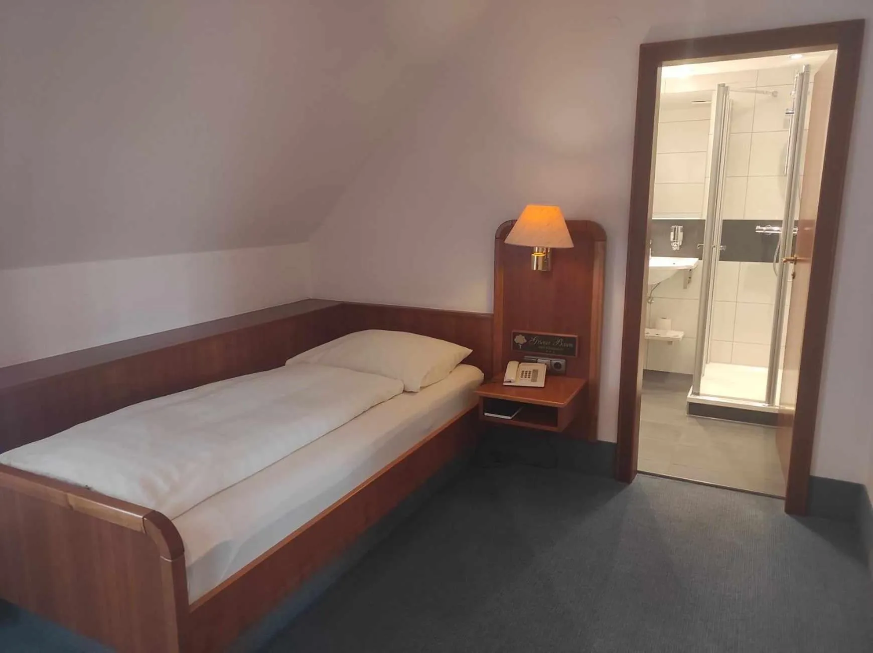 Bathroom, Bed in Hotel Grüner Baum