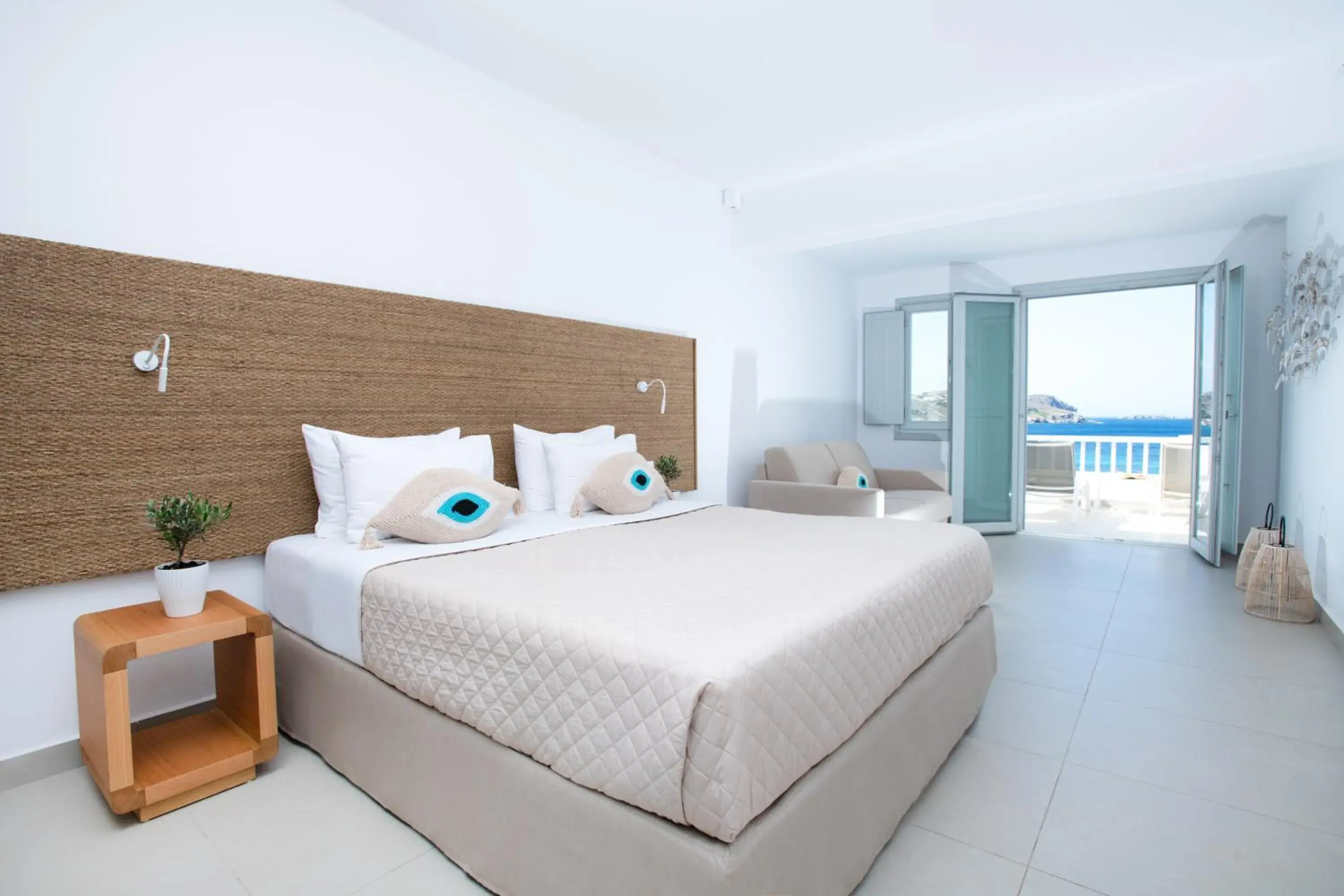 Bed in Manoula's Beach Mykonos Resort Bed in Manoula's Beach Mykonos Resort