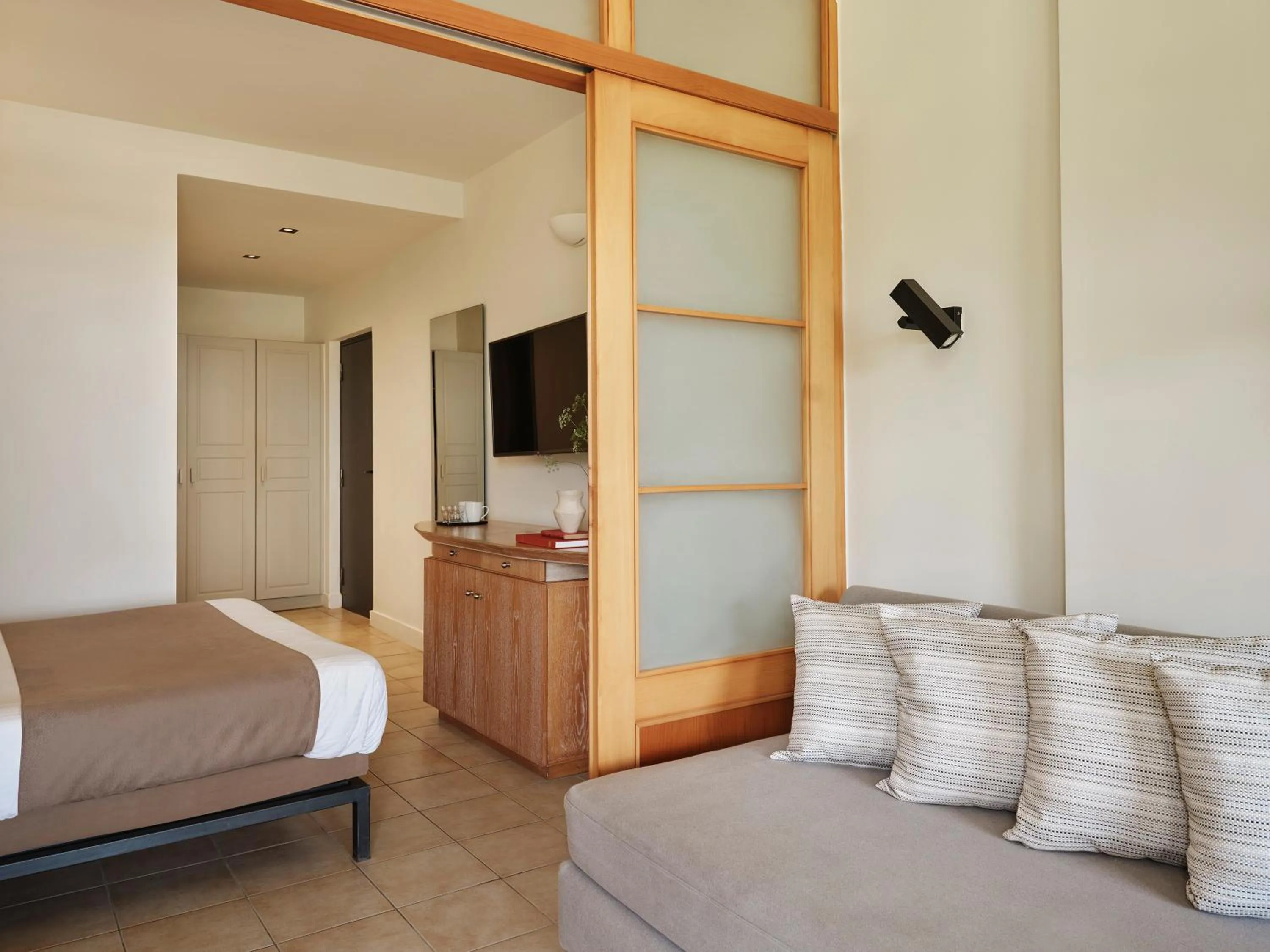 Seating area, Bed in Aeolos Beach Resort