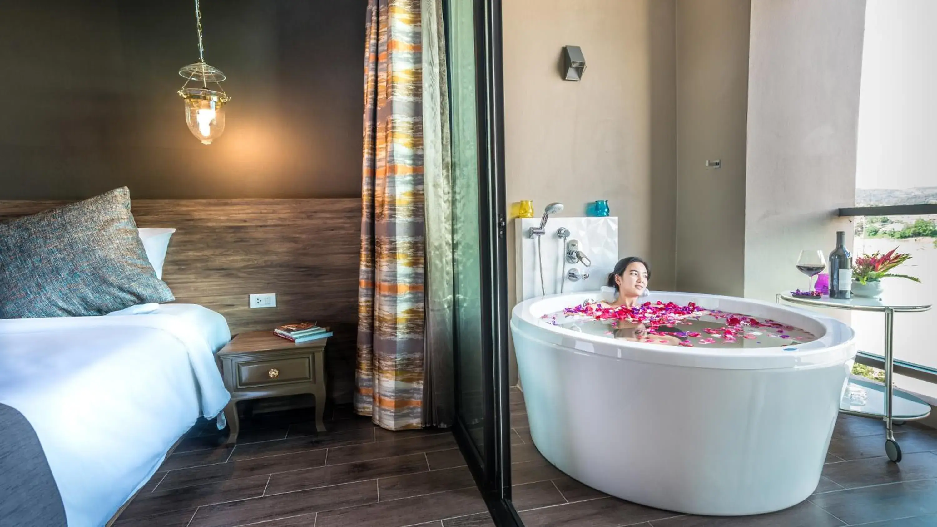 Balcony/Terrace, Bed in Chiangkhong Teak Garden Riverfront Onsen Hotel- SHA Extra Plus Balcony/Terrace, Bed in Chiangkhong Teak Garden Riverfront Onsen Hotel- SHA Extra Plus