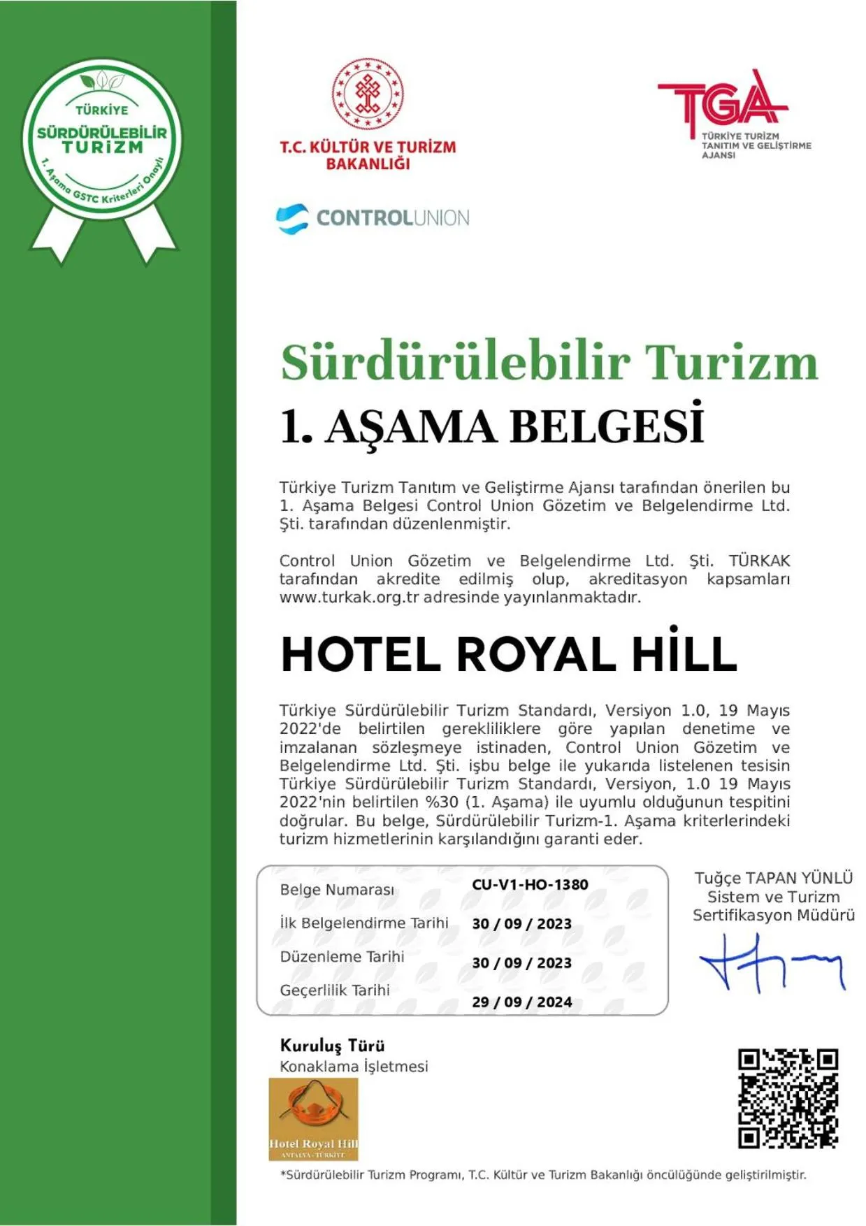 Logo/Certificate/Sign in Hotel Royal Hill