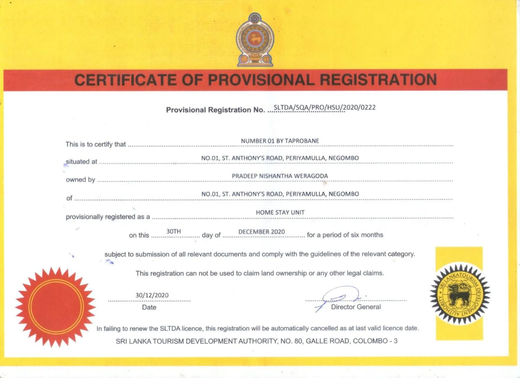 Certificate/Award in Number 01 by Taprobane