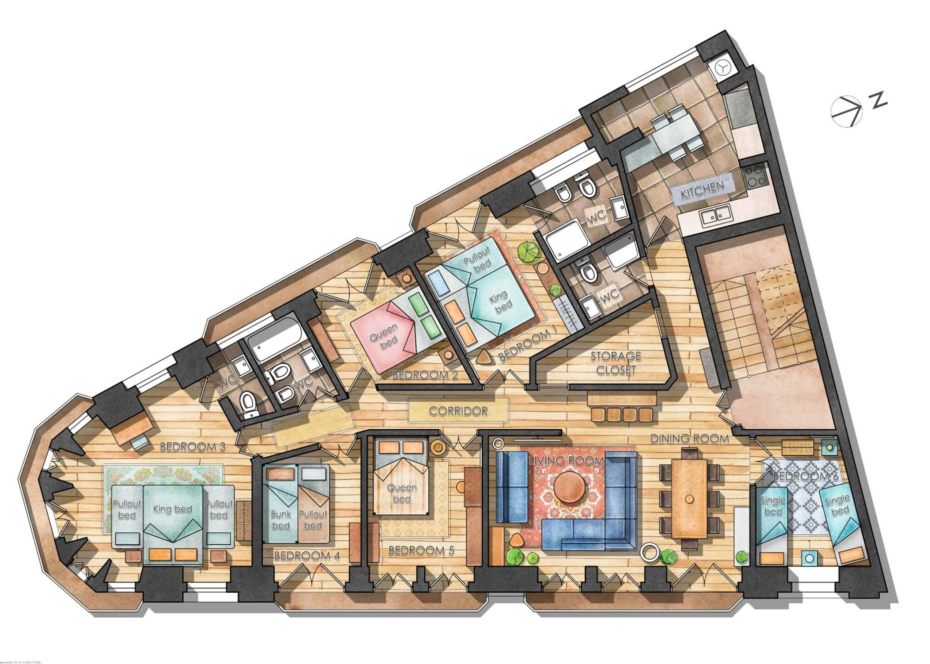 Floor plan in Bright City Center, 10m from subway, 6 rooms, up to 20 PPL