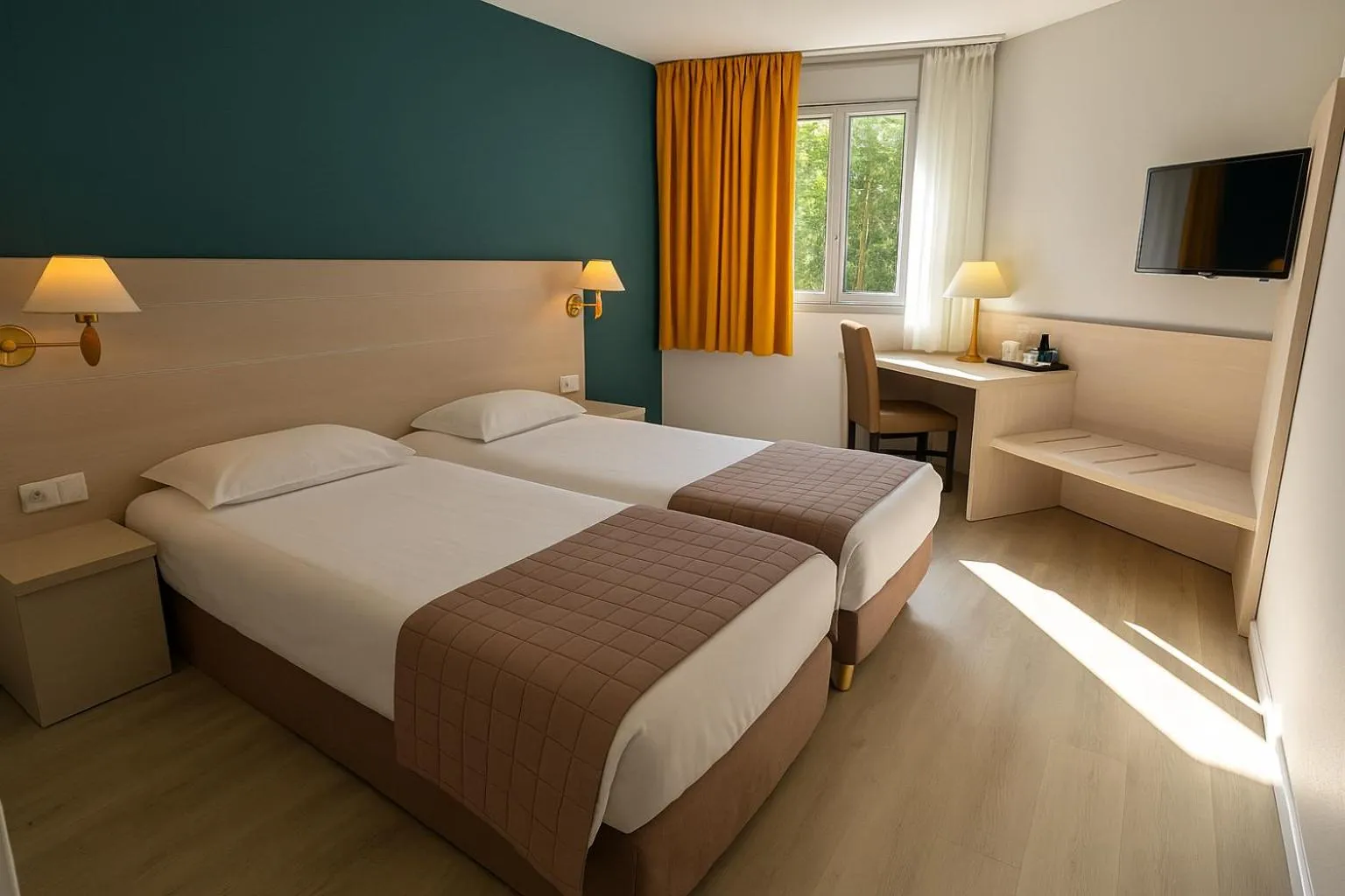 Communal lounge/ TV room, Bed in Logis Hotel L'Embarcadère