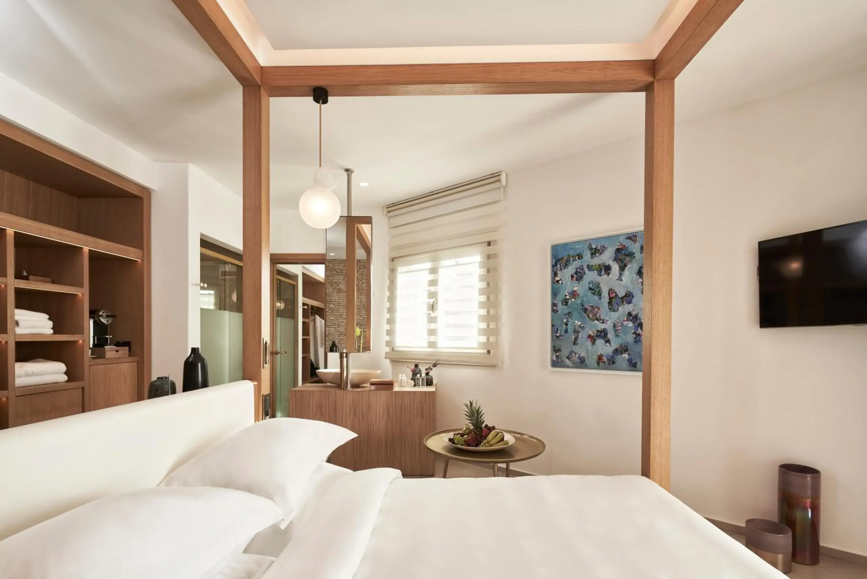 Bedroom, Bed in Myconian Naia - Preferred Hotels & Resorts Bedroom, Bed in Myconian Naia - Preferred Hotels & Resorts