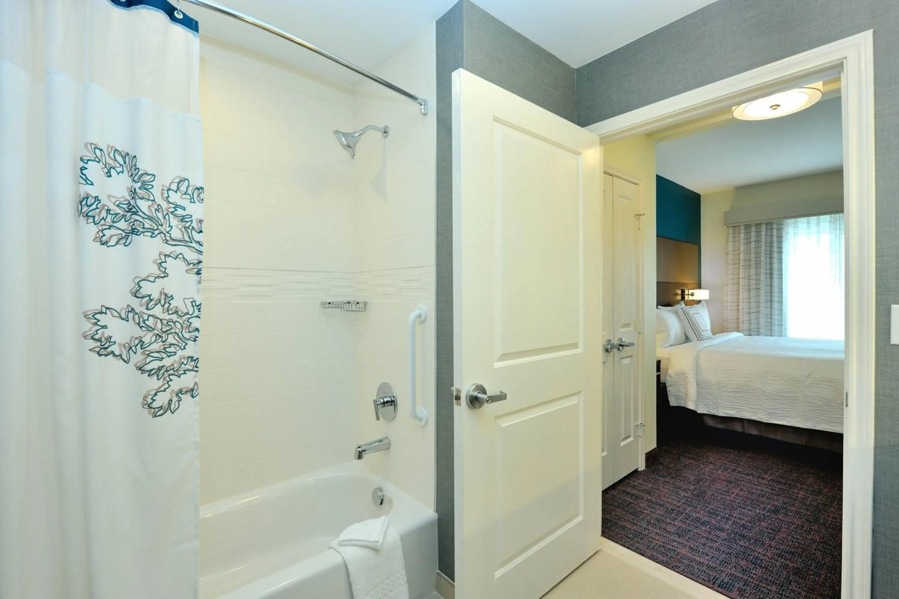 Bathroom, Bed in Residence Inn by Marriott Houston Tomball