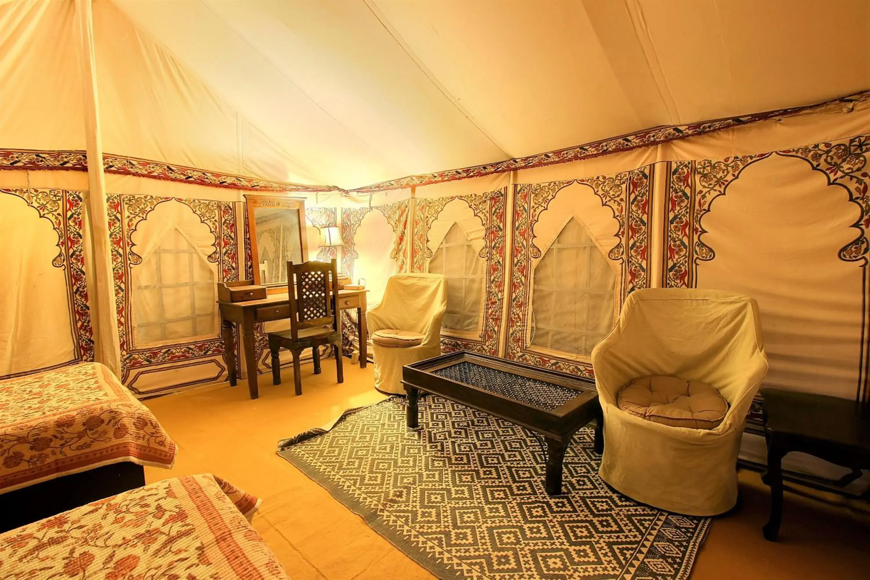 Seating area, Bed in Bhadrawati - A Riverside Safari Lodge Ranthambore Seating area, Bed in Bhadrawati - A Riverside Safari Lodge Ranthambore