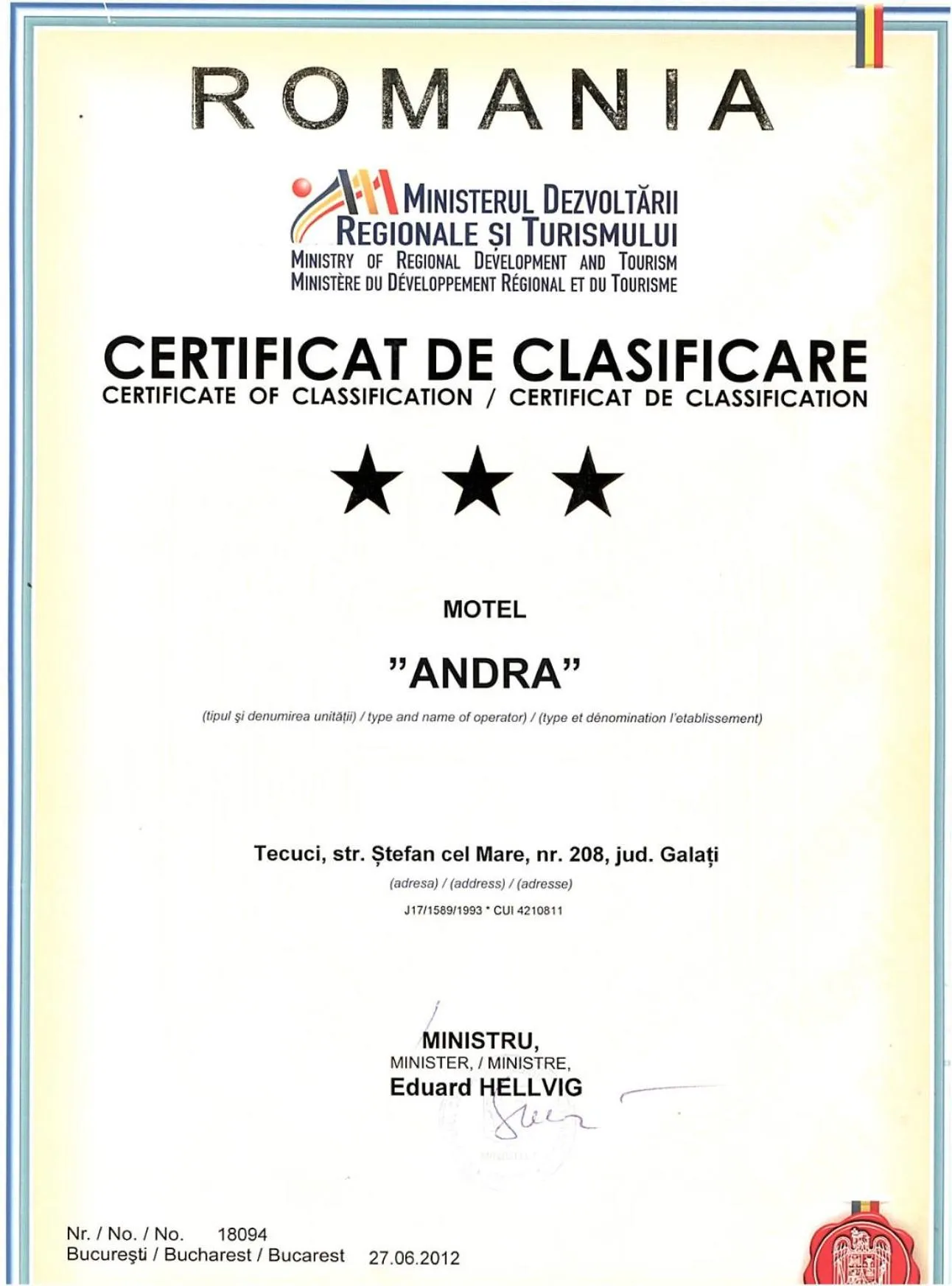 Logo/Certificate/Sign in Motel Andra