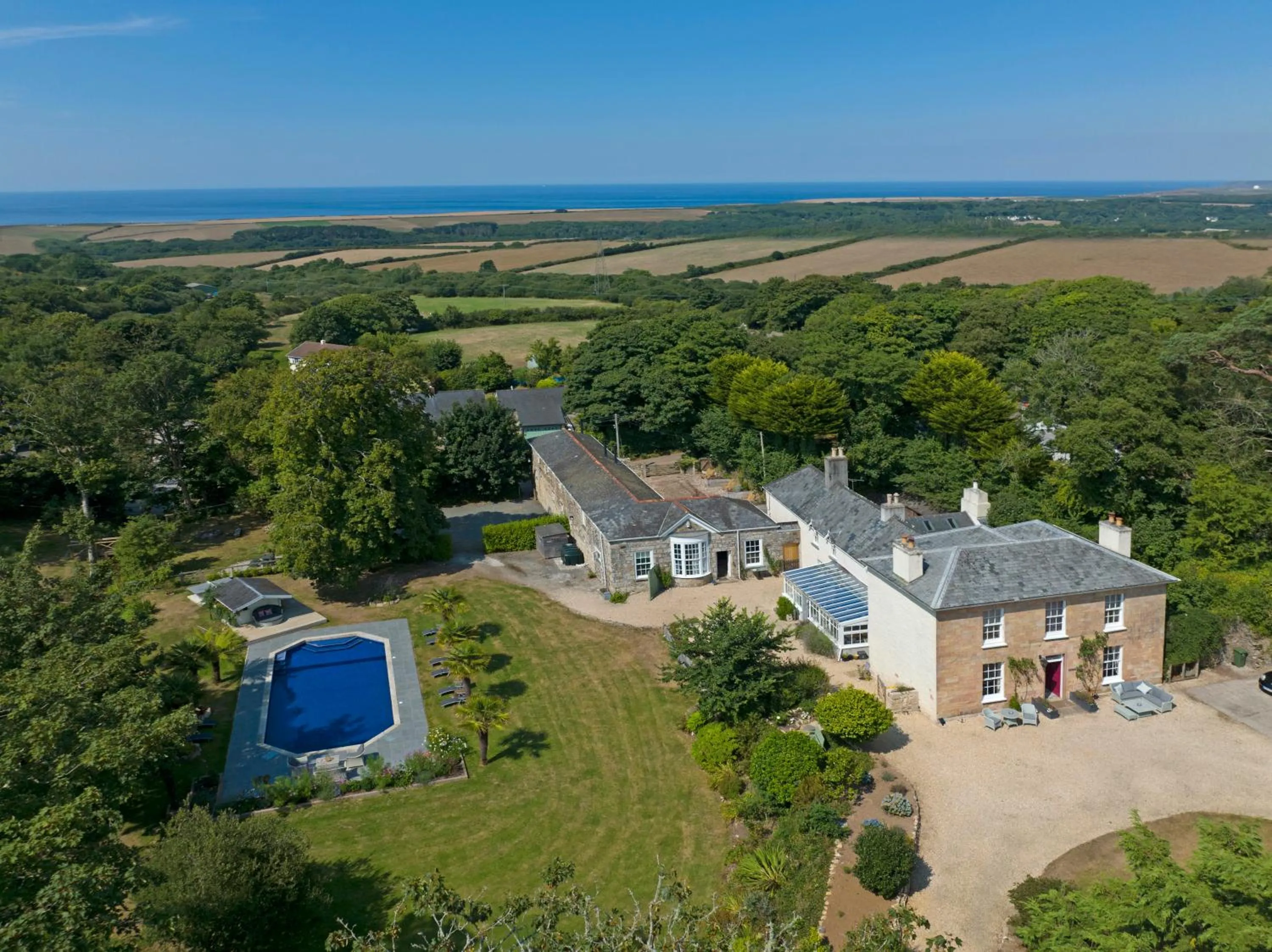 Bird's eye view in Red River Stables - Peaceful, beautiful grounds, swimming pool, central location for West Cornwall