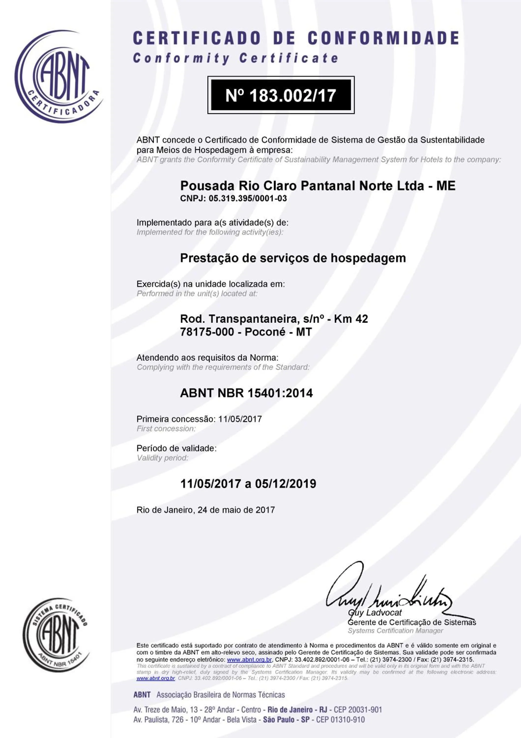 Certificate/Award in Pousada Rio Claro