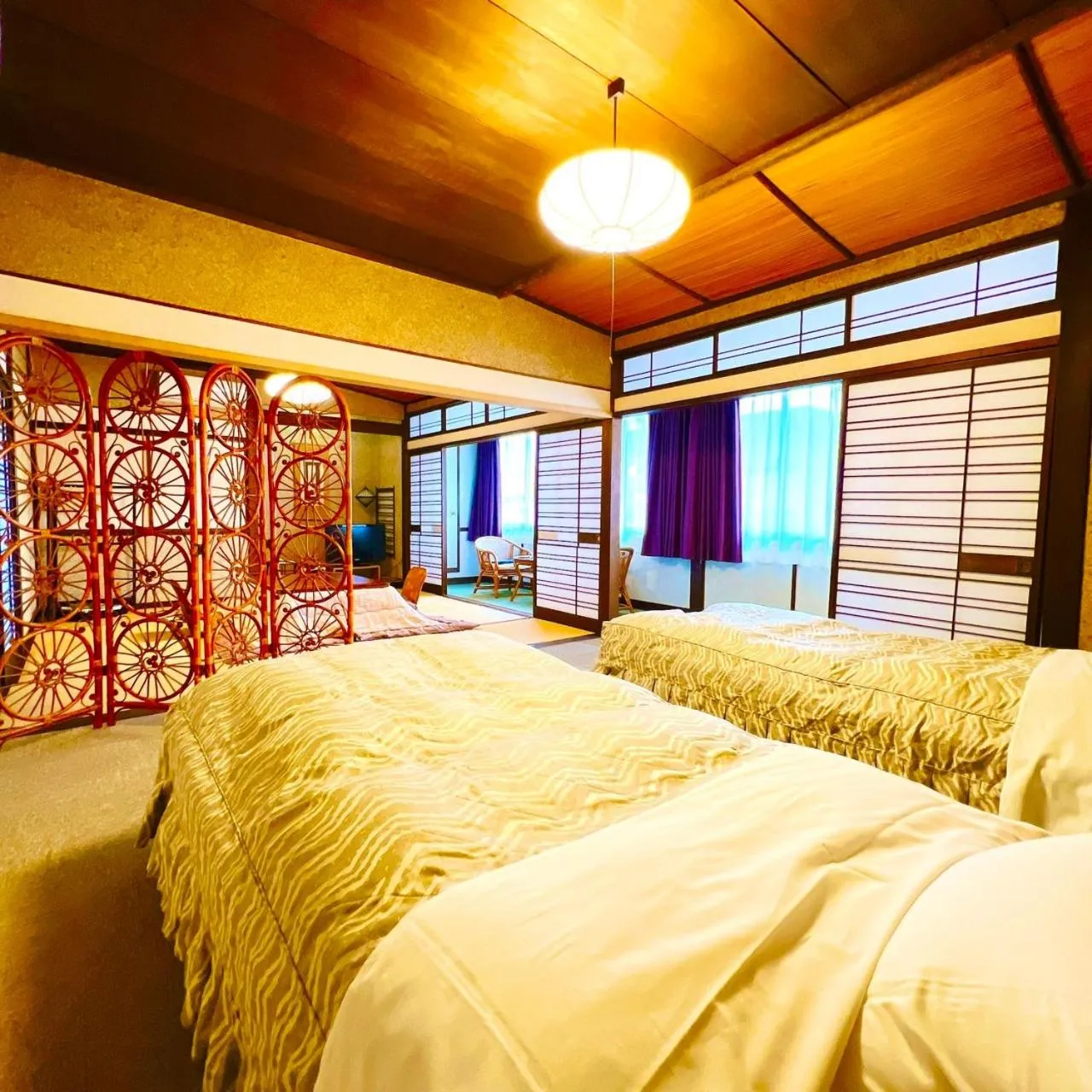 Bedroom, Bed in Japanese style hotel and dining Morigen