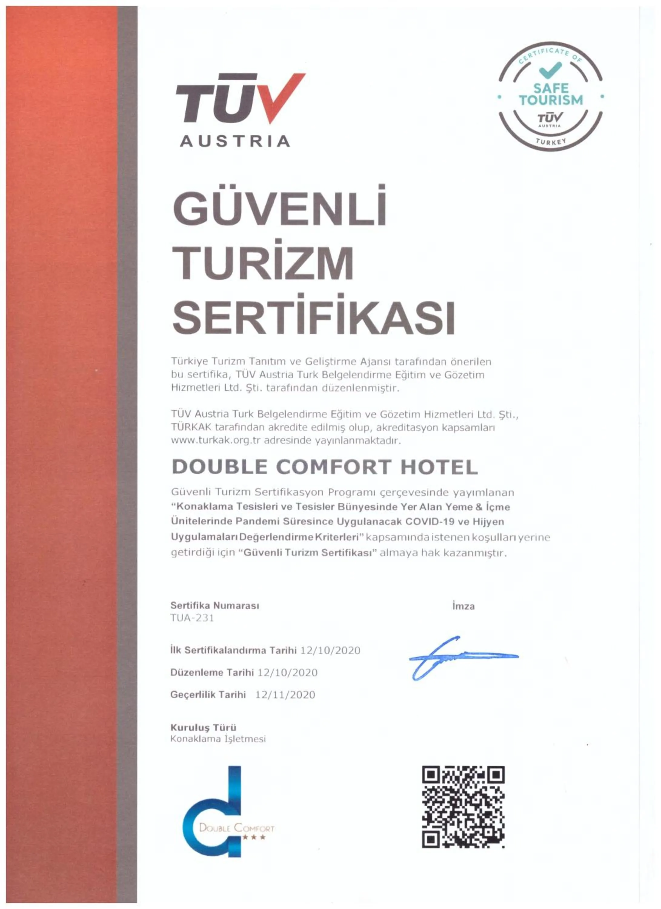 Certificate/Award in Double Comfort Hotel